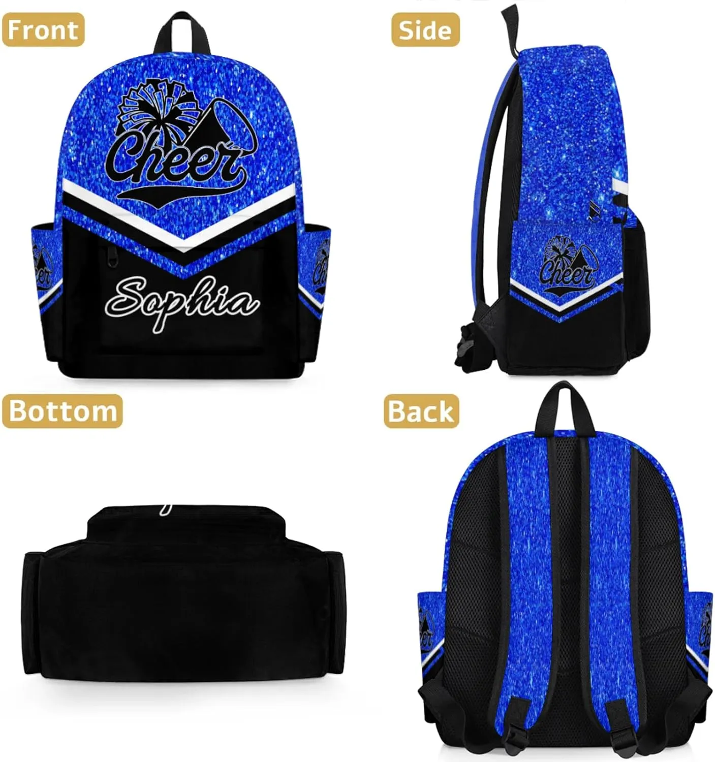 Personalized Cheer Name Backpack Bag for Women, Custom Large Capacity Shoulder Bags, Cheerleaders Casual Daypack, Blue Glitter