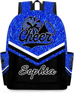 Personalized Cheer Name Backpack Bag for Women, Custom Large Capacity Shoulder Bags, Cheerleaders Casual Daypack, Blue Glitter