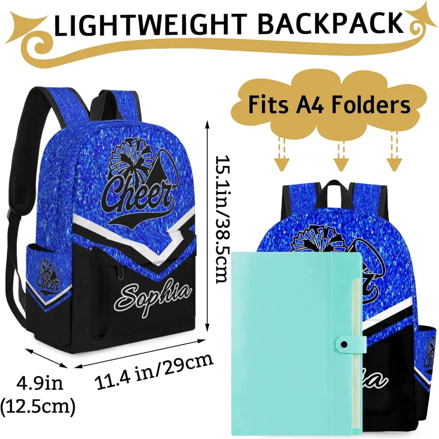 Personalized Cheer Name Backpack Bag for Women, Custom Large Capacity Shoulder Bags, Cheerleaders Casual Daypack, Blue Glitter