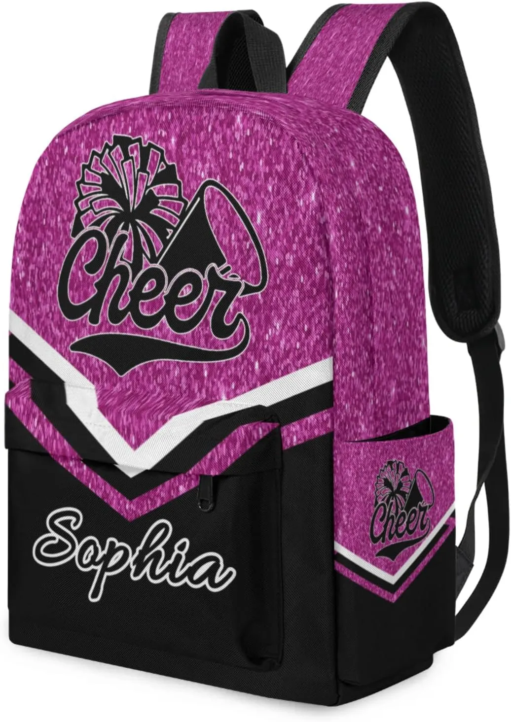Personalized Cheer Name Backpack Bag for Women, Custom Large Capacity Shoulder Bags, Cheerleaders Casual Daypack, Magenta Glitter
