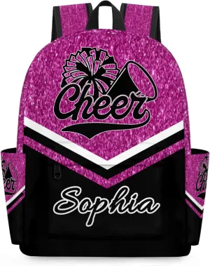 Personalized Cheer Name Backpack Bag for Women, Custom Large Capacity Shoulder Bags, Cheerleaders Casual Daypack, Magenta Glitter