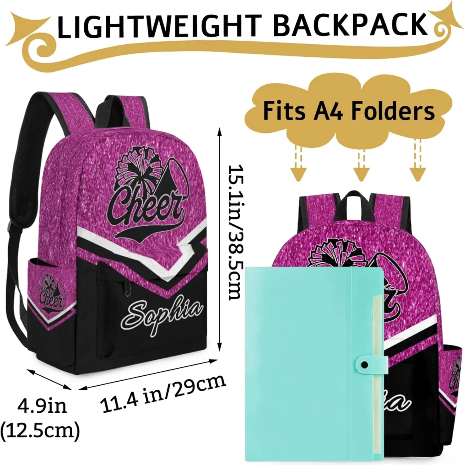 Personalized Cheer Name Backpack Bag for Women, Custom Large Capacity Shoulder Bags, Cheerleaders Casual Daypack, Magenta Glitter