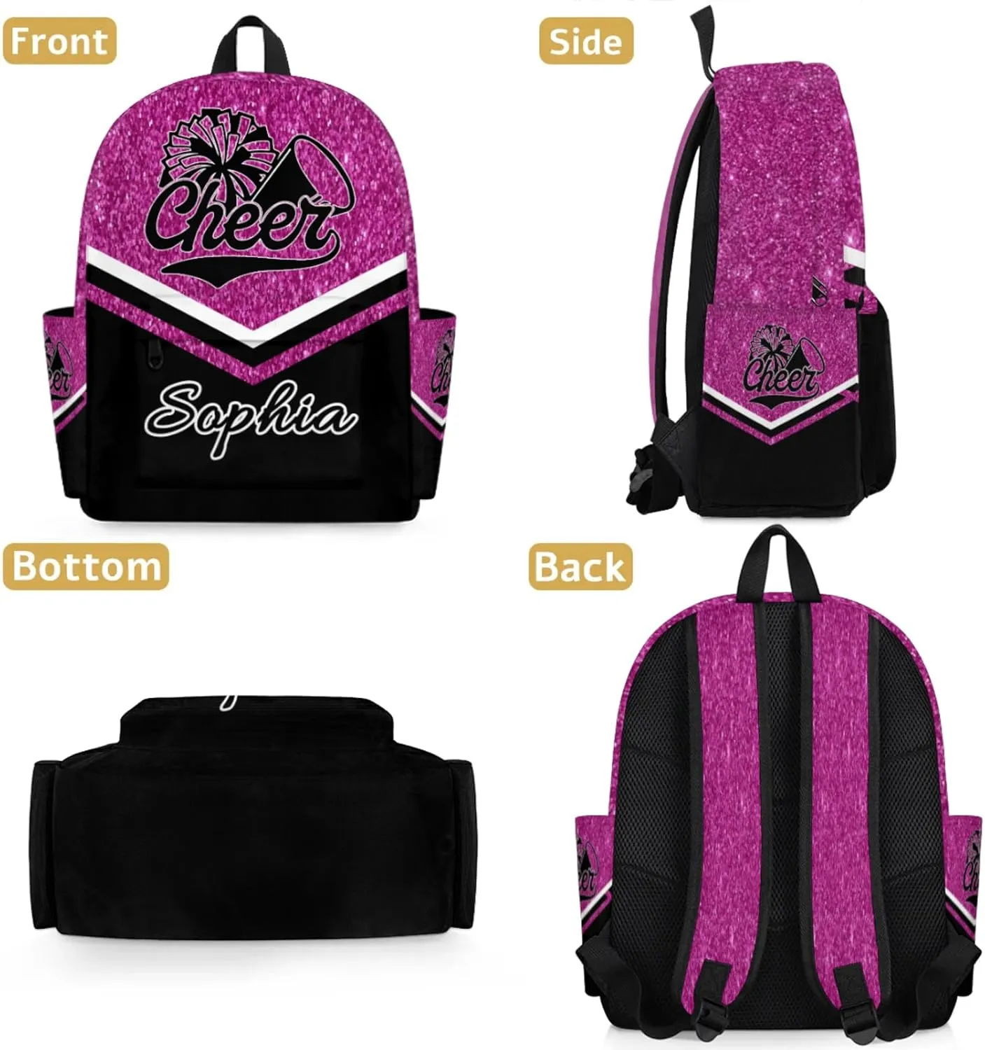 Personalized Cheer Name Backpack Bag for Women, Custom Large Capacity Shoulder Bags, Cheerleaders Casual Daypack, Magenta Glitter