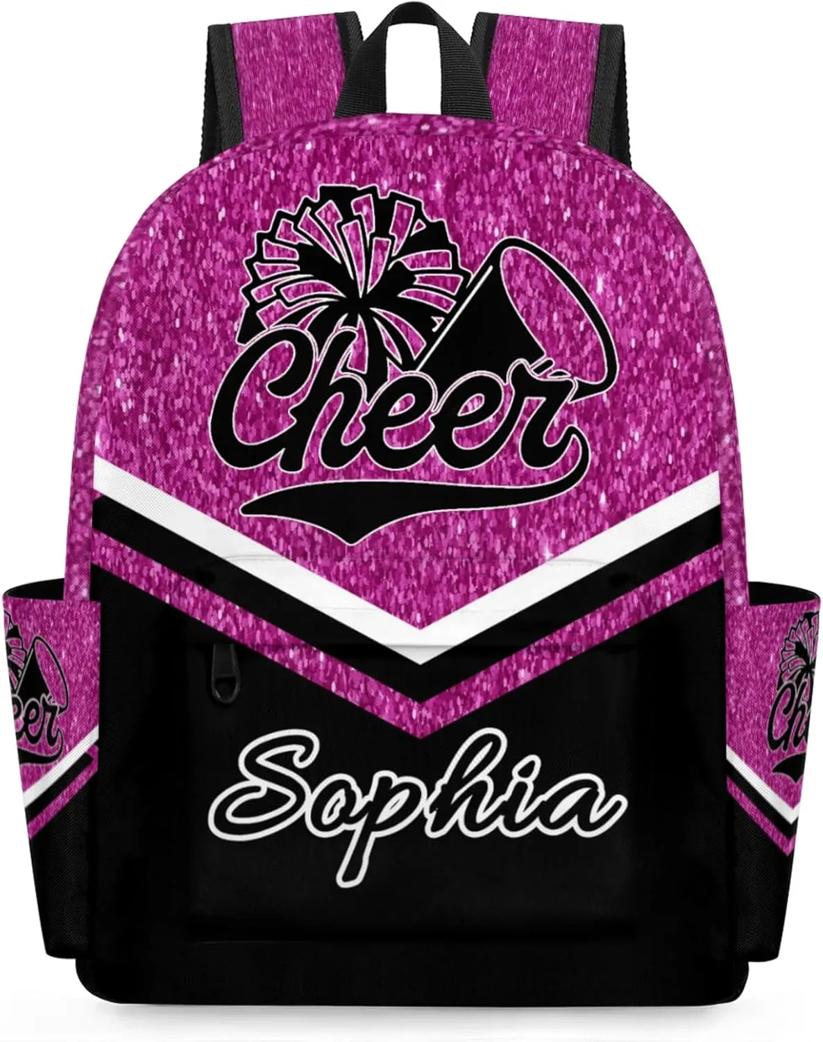 Personalized Cheer Name Backpack Bag for Women, Custom Large Capacity Shoulder Bags, Cheerleaders Casual Daypack, Magenta Glitter