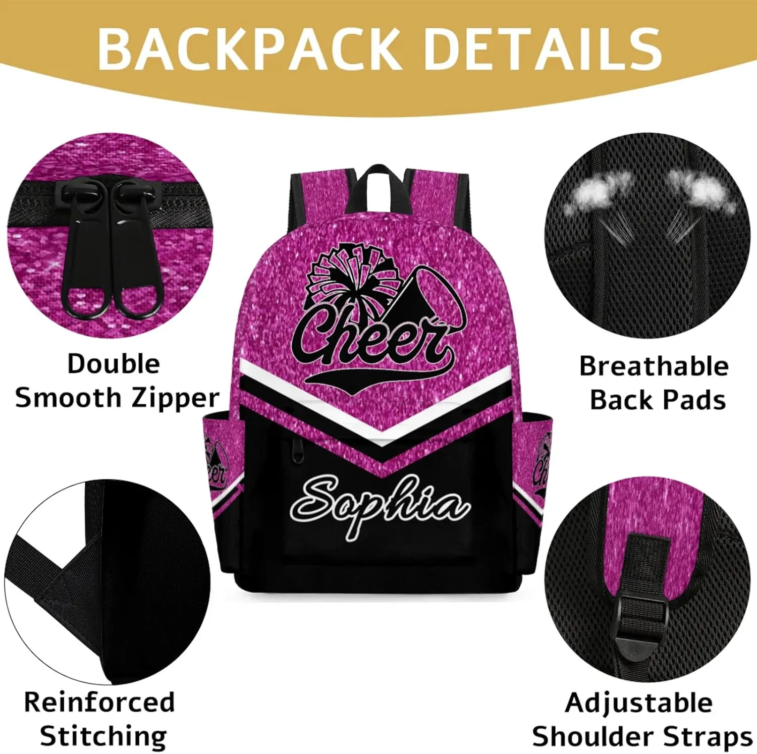 Personalized Cheer Name Backpack Bag for Women, Custom Large Capacity Shoulder Bags, Cheerleaders Casual Daypack, Magenta Glitter