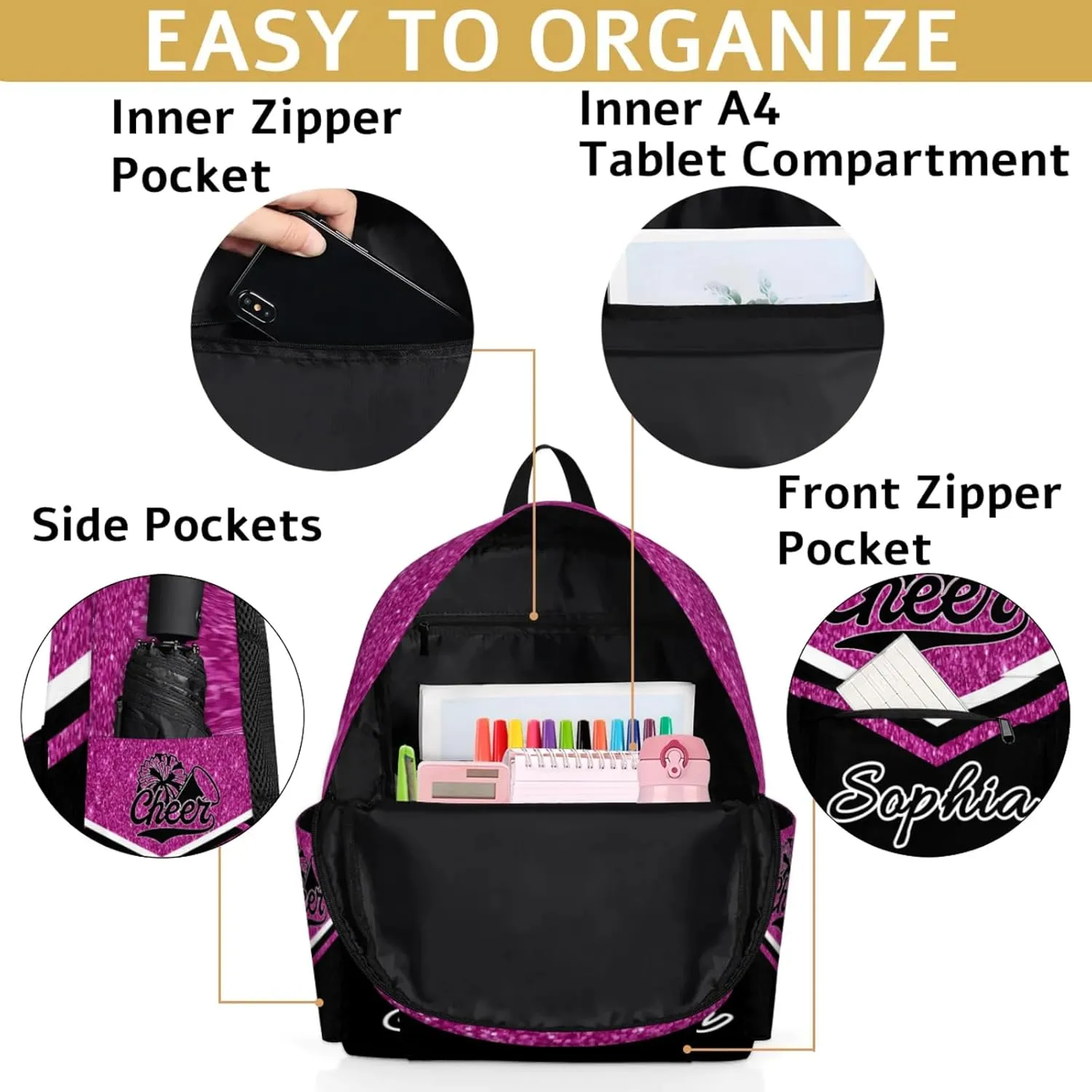 Personalized Cheer Name Backpack Bag for Women, Custom Large Capacity Shoulder Bags, Cheerleaders Casual Daypack, Magenta Glitter