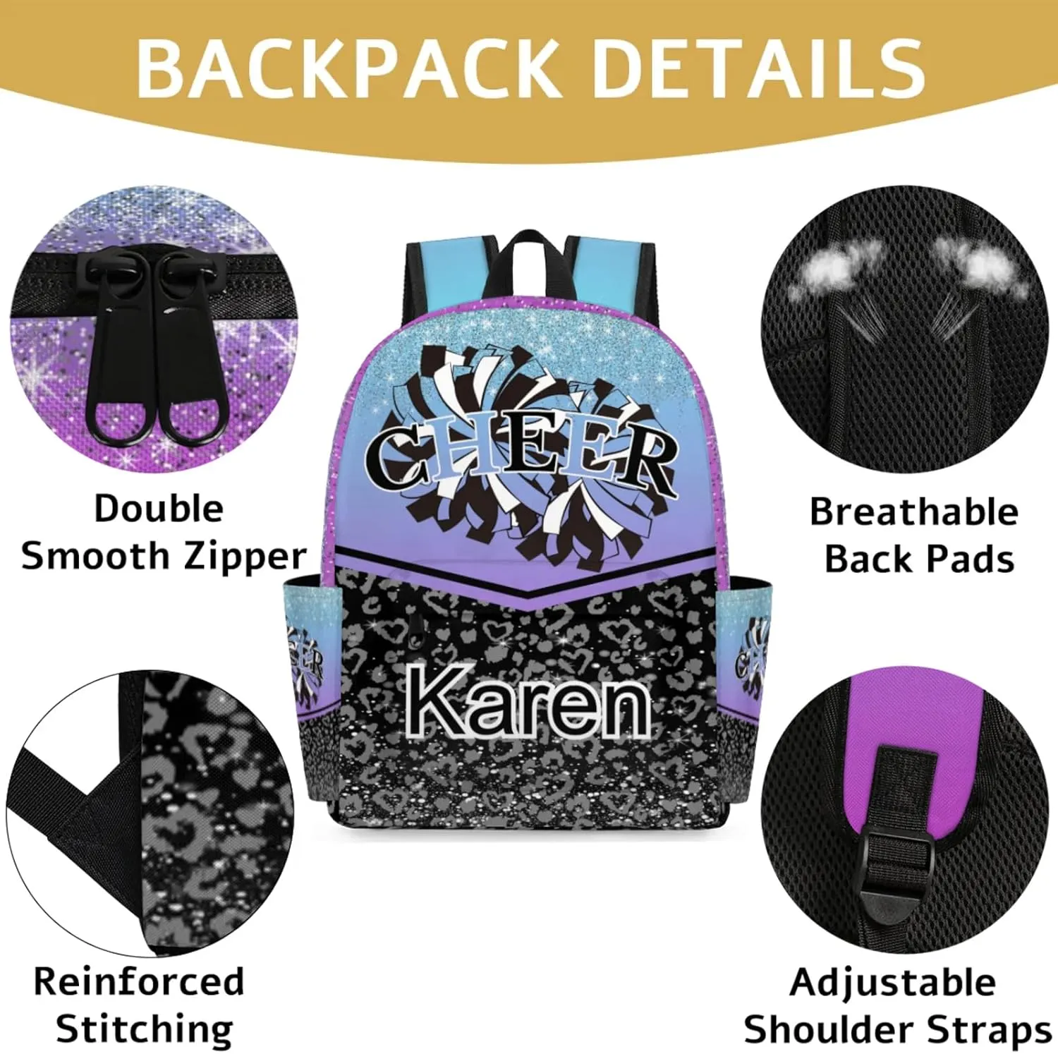 Personalized Cheerleading Bag Name Backpack Bags, Cheer Custom Large Capacity Waterproof Shoulder Bags, Casual Daypack, Blue Purple Gradient Cheerleader