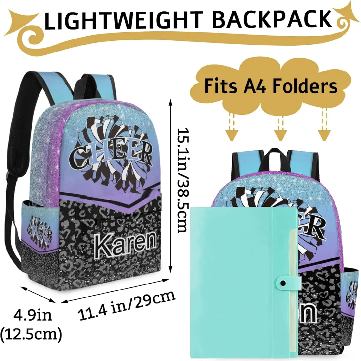 Personalized Cheerleading Bag Name Backpack Bags, Cheer Custom Large Capacity Waterproof Shoulder Bags, Casual Daypack, Blue Purple Gradient Cheerleader
