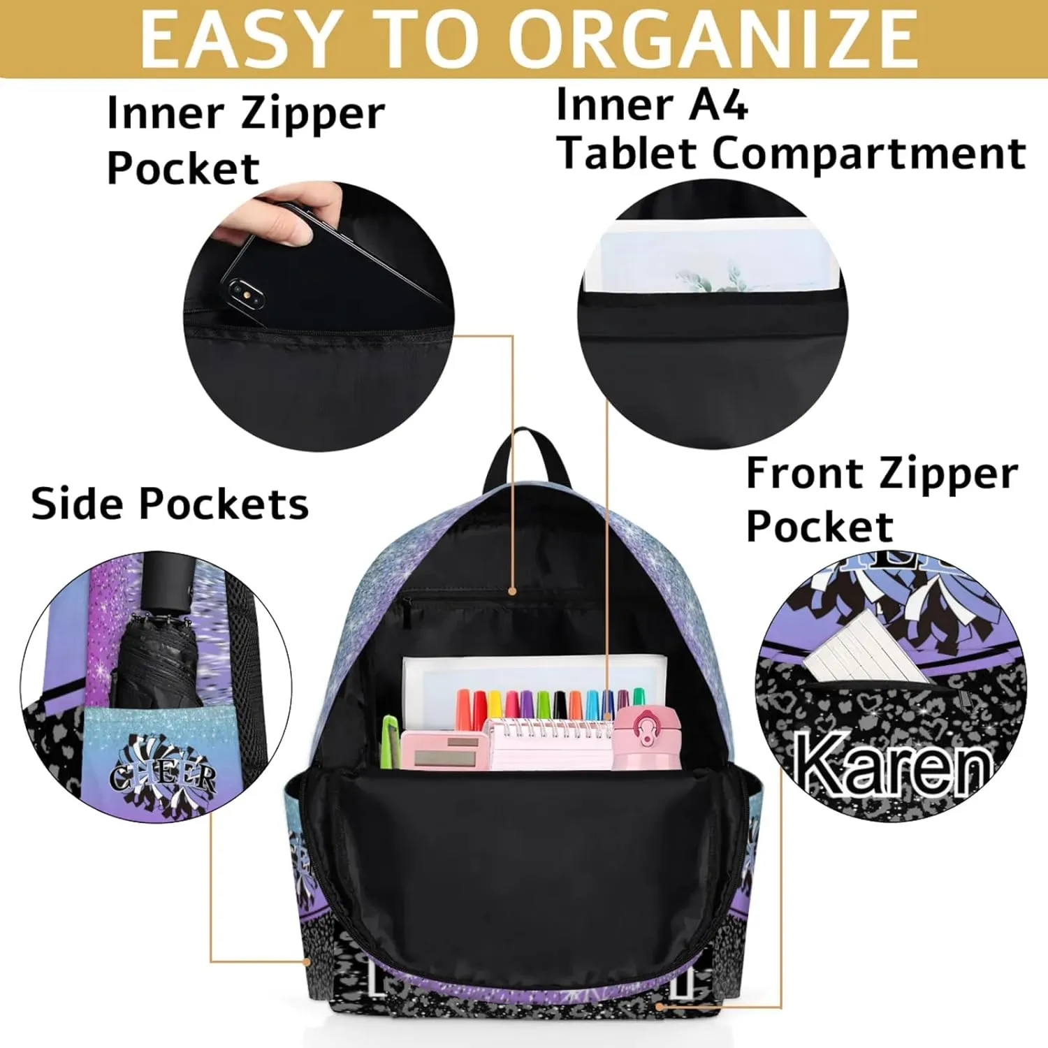 Personalized Cheerleading Bag Name Backpack Bags, Cheer Custom Large Capacity Waterproof Shoulder Bags, Casual Daypack, Blue Purple Gradient Cheerleader