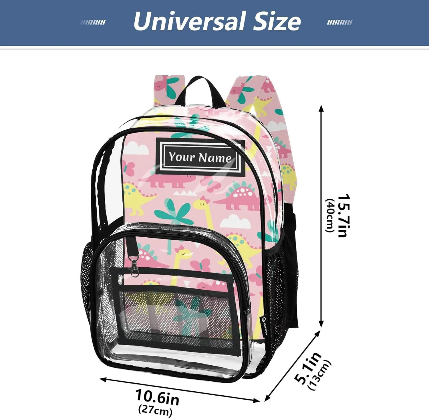 Personalized Clear Backpacks for Girls Boys Women Men Dinosaur Butterfly Custom Name PVC Transparent Bookbag for Schools Stadium Concerts Work