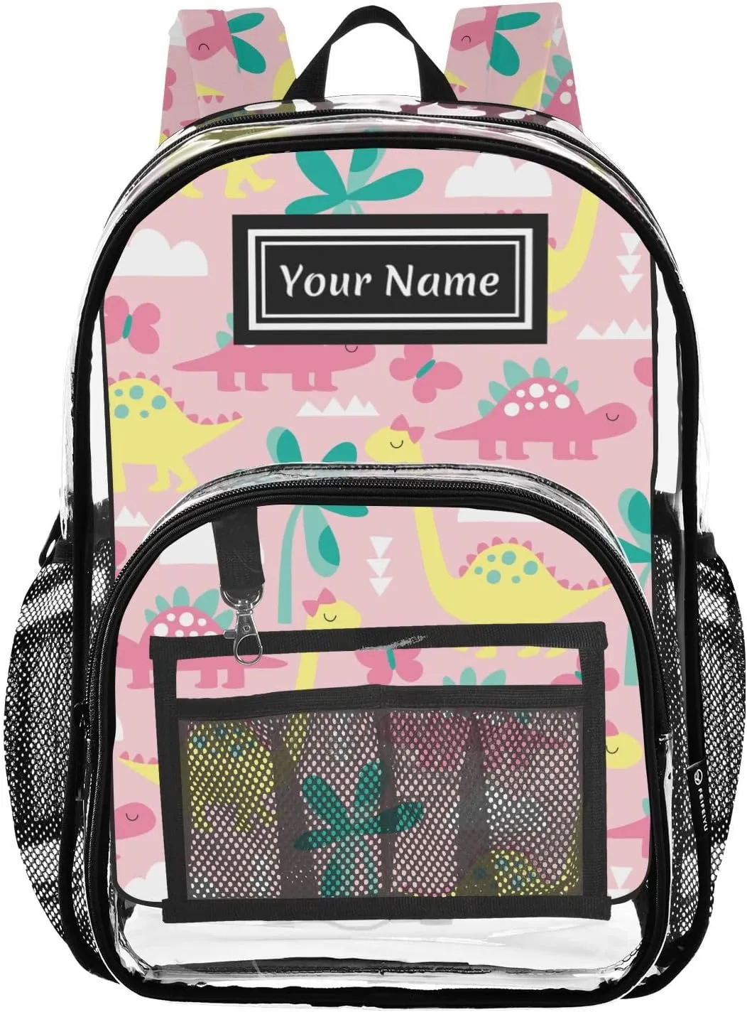 Personalized Clear Backpacks for Girls Boys Women Men Dinosaur Butterfly Custom Name PVC Transparent Bookbag for Schools Stadium Concerts Work