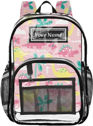 Personalized Clear Backpacks for Girls Boys Women Men Dinosaur Butterfly Custom Name PVC Transparent Bookbag for Schools Stadium Concerts Work