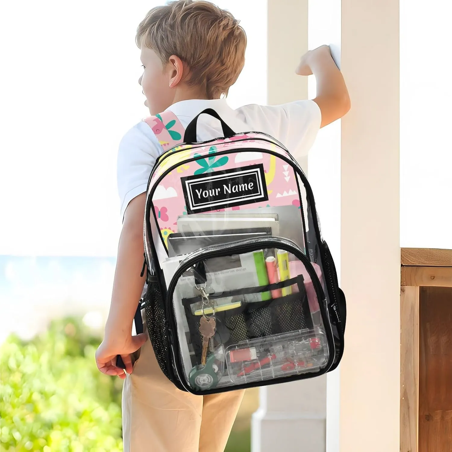 Personalized Clear Backpacks for Girls Boys Women Men Dinosaur Butterfly Custom Name PVC Transparent Bookbag for Schools Stadium Concerts Work