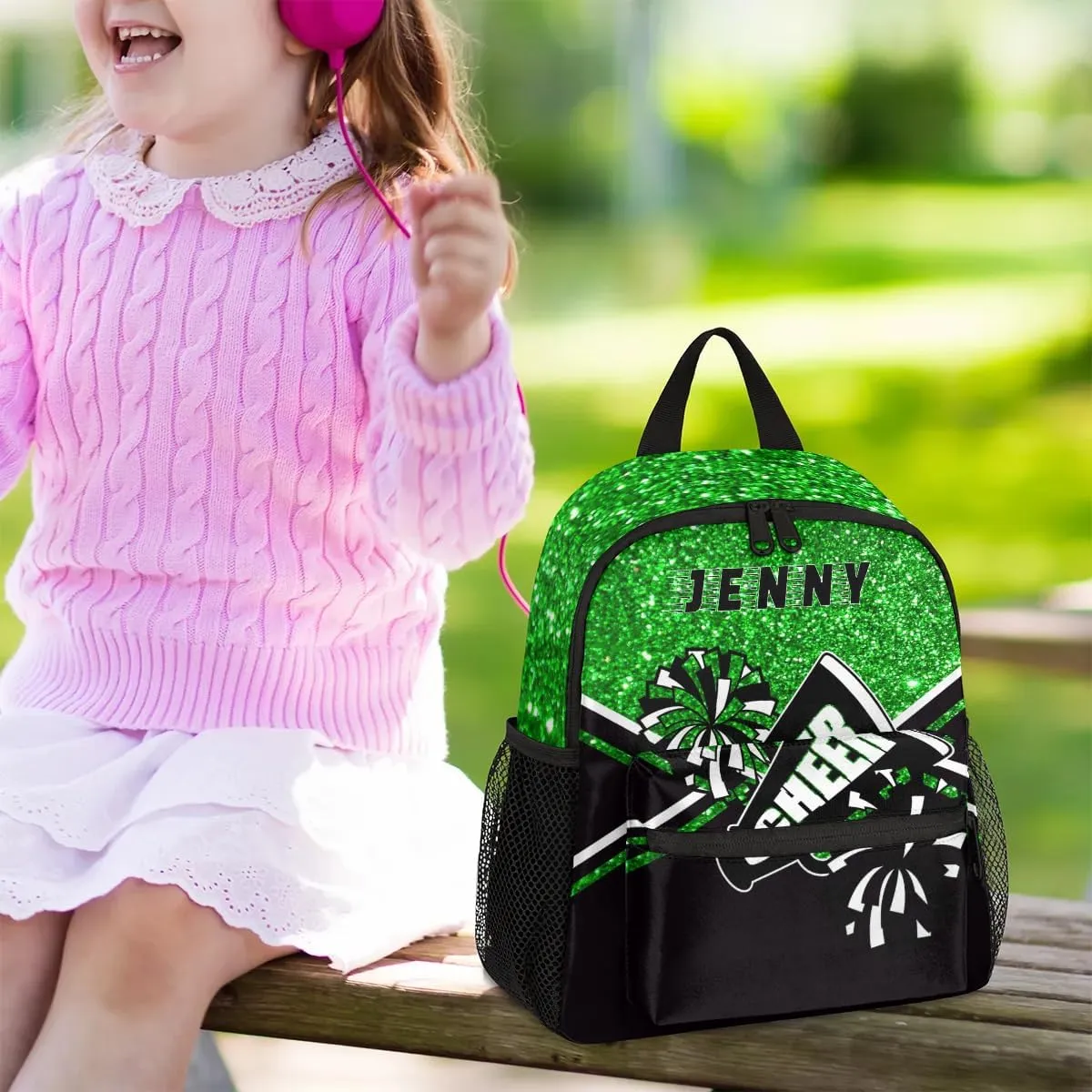 Personalized Kids Cheer Backpack for Girls Boy Cheerleader School Backpack Nursery Bookbag Travel Lightweight Custom School Bag Green Glitter