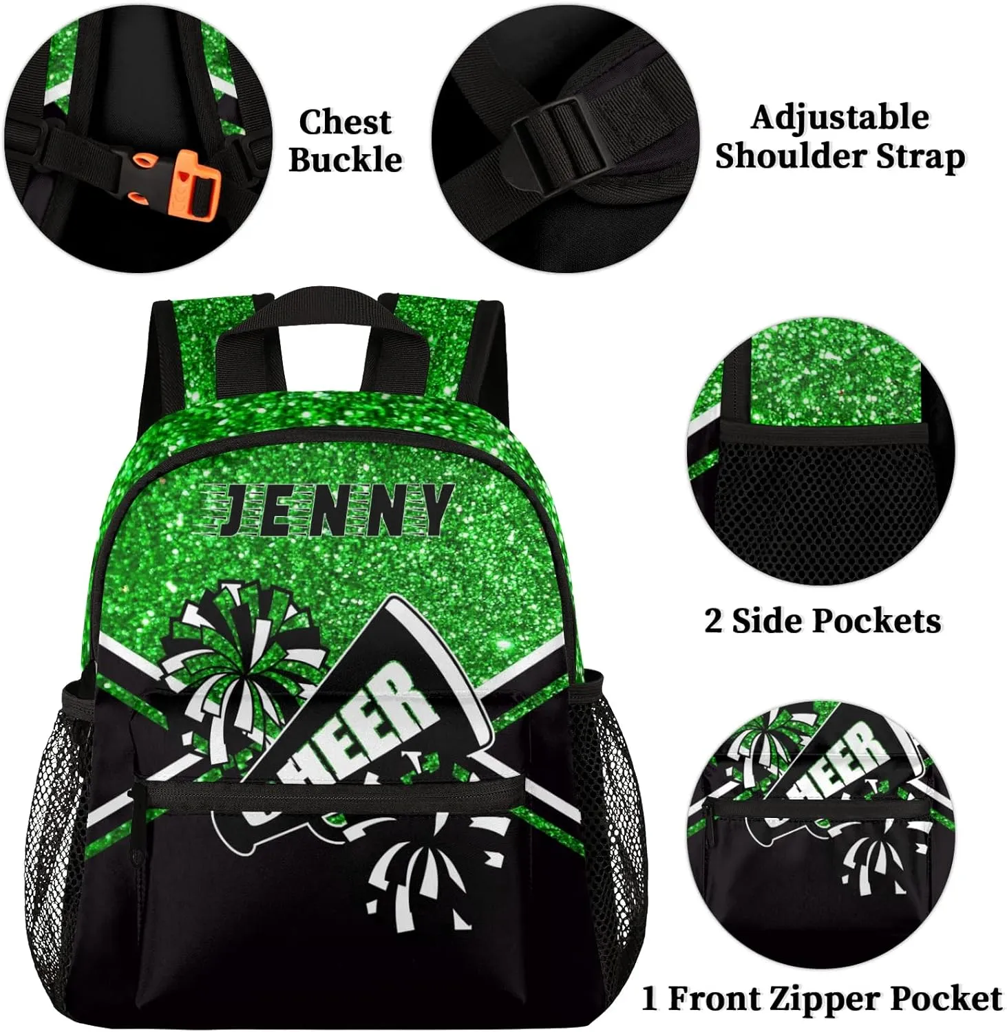 Personalized Kids Cheer Backpack for Girls Boy Cheerleader School Backpack Nursery Bookbag Travel Lightweight Custom School Bag Green Glitter