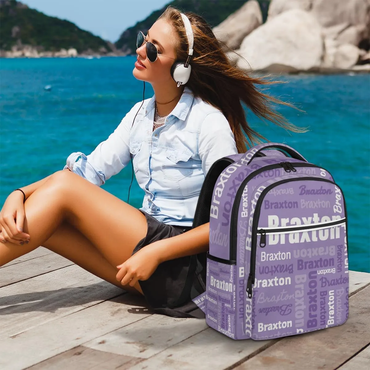 Personalized Laptop Backpacks with Name Large Customized Shoulder Bag Gifts for Women Men Waterproof Travel Casual Backpack, Purple White