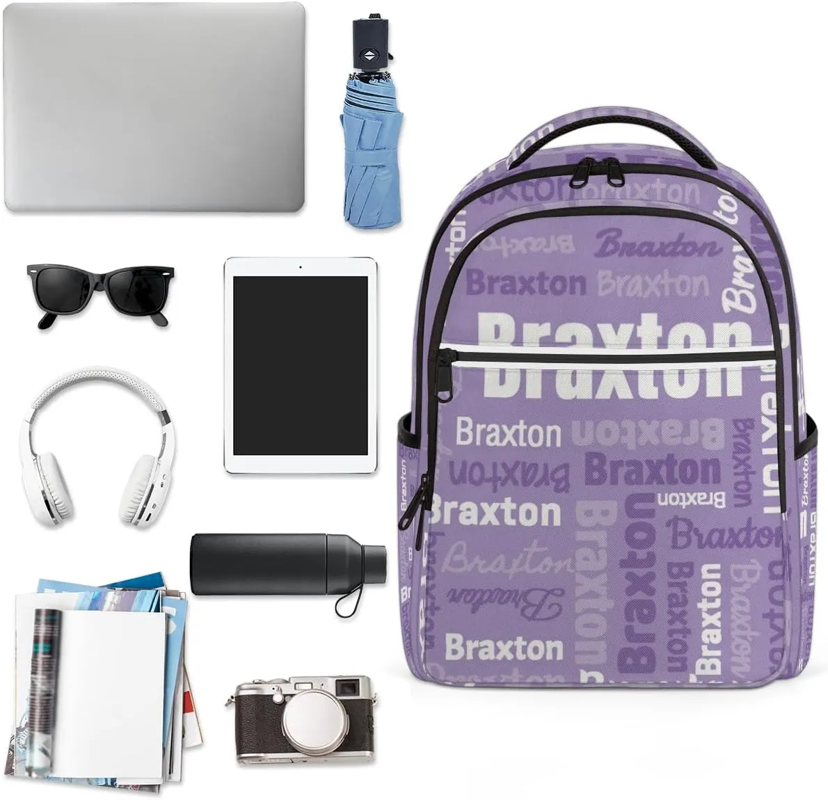 Personalized Laptop Backpacks with Name Large Customized Shoulder Bag Gifts for Women Men Waterproof Travel Casual Backpack, Purple White