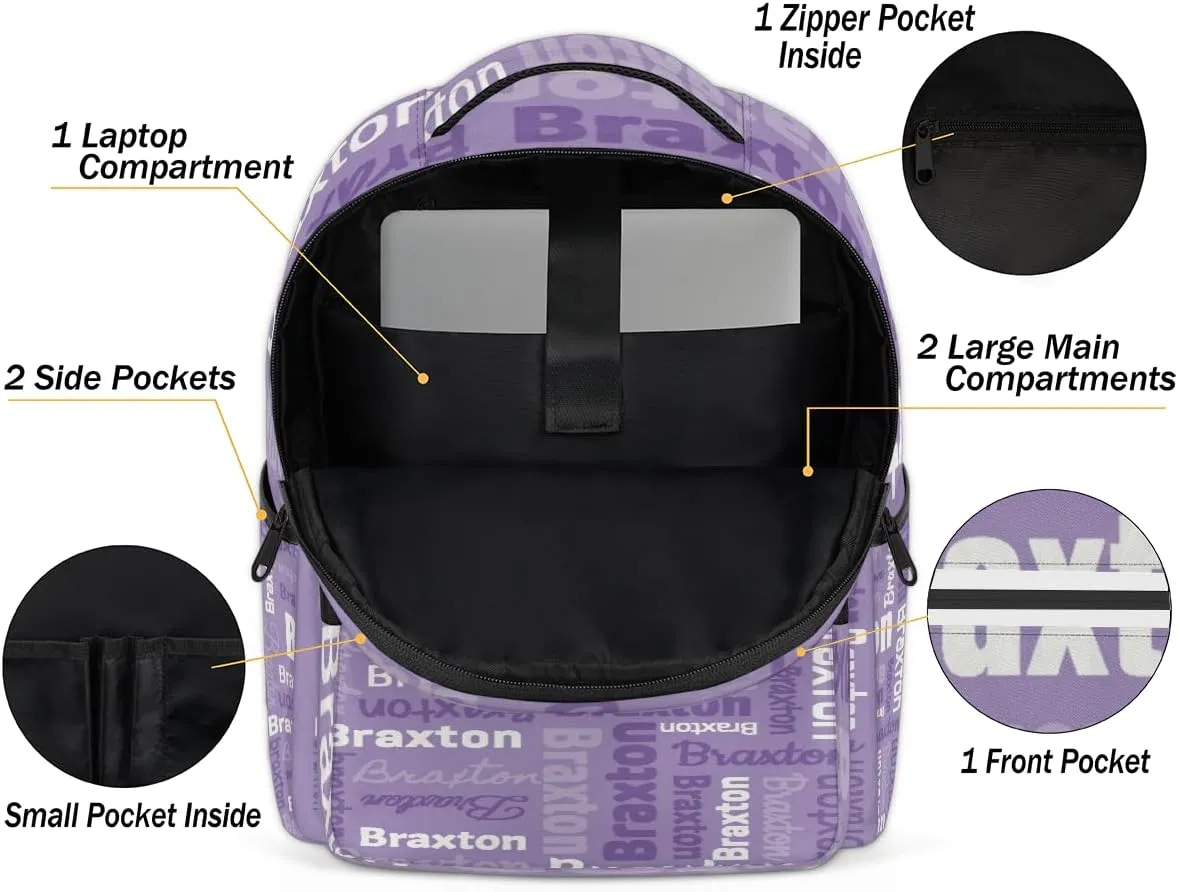 Personalized Laptop Backpacks with Name Large Customized Shoulder Bag Gifts for Women Men Waterproof Travel Casual Backpack, Purple White