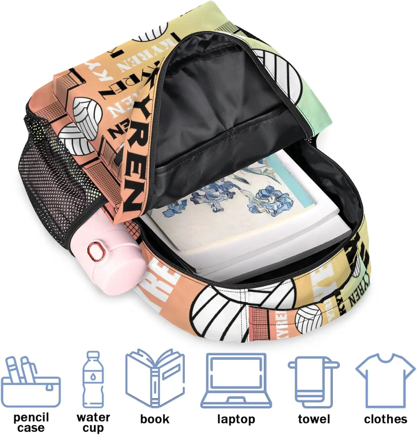 Personalized Name Volleyball Backpack, Custom Sports Bag Backpack for Men Women, Laptop Daypack for Travel Camping Hiking, Colorful