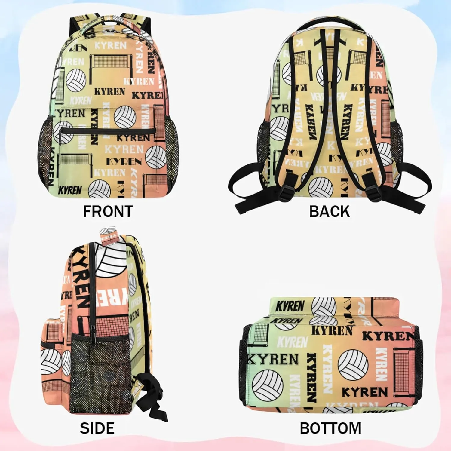 Personalized Name Volleyball Backpack, Custom Sports Bag Backpack for Men Women, Laptop Daypack for Travel Camping Hiking, Colorful