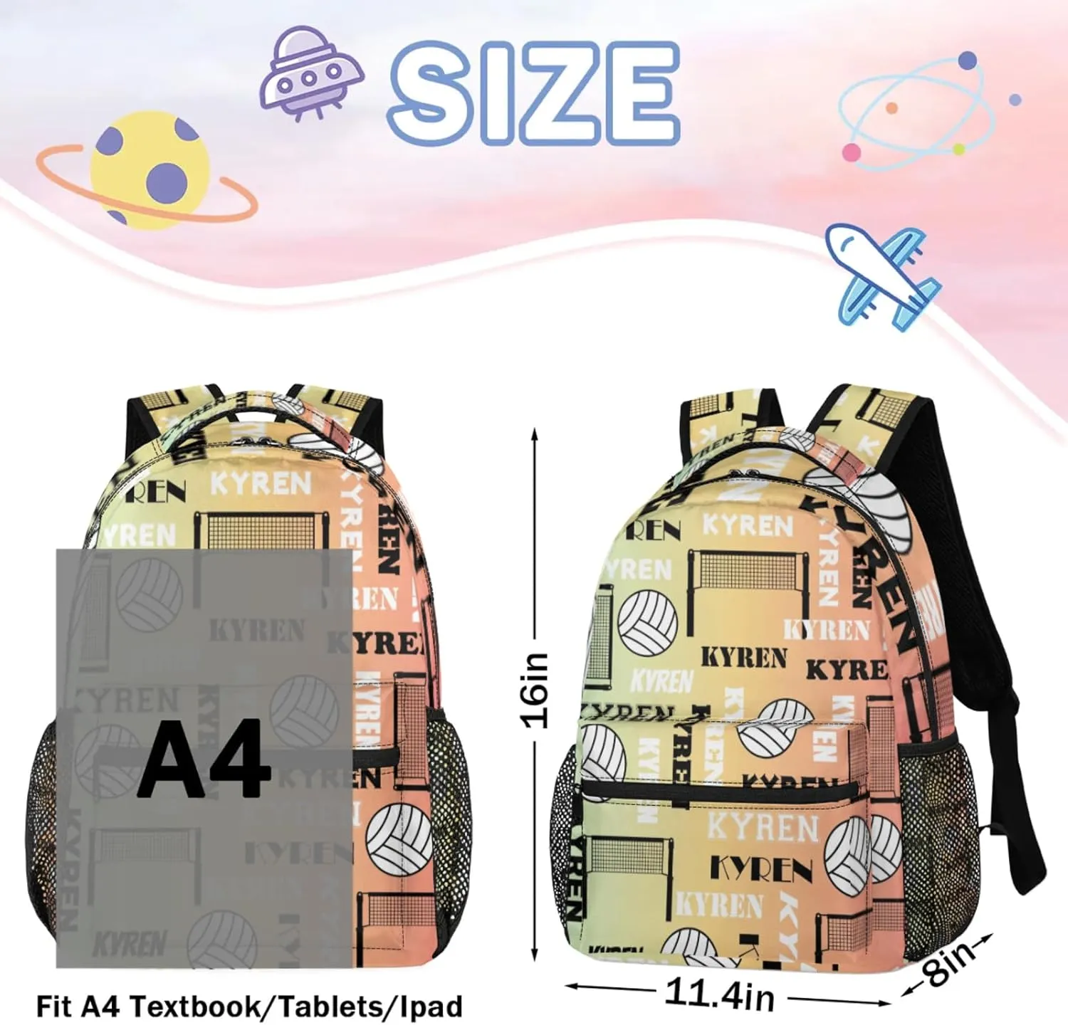 Personalized Name Volleyball Backpack, Custom Sports Bag Backpack for Men Women, Laptop Daypack for Travel Camping Hiking, Colorful