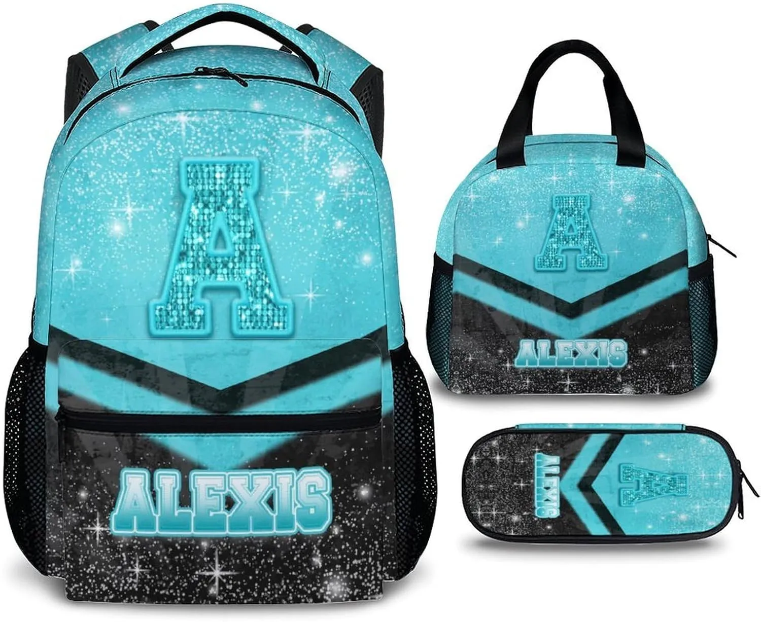 Personalized School Backpack Set for Boys Girls 3-10, Cusotm Cheer Glitter Initial Name Backpack for Kids Kindergarten, 17 Inch Blue & Black Cheerleader Monogram Bookbag for School Travel Hiking
