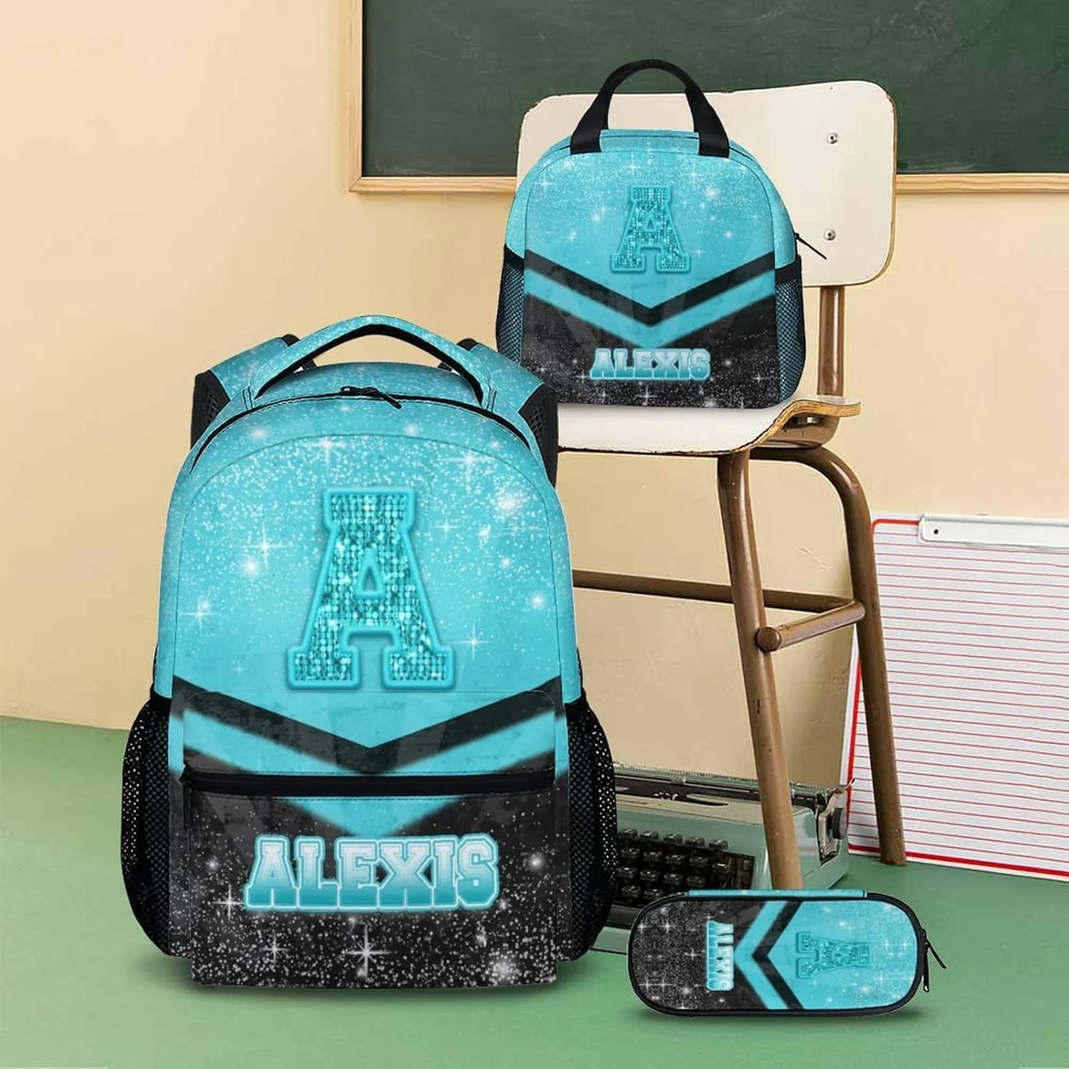 Personalized School Backpack Set for Boys Girls 3-10, Cusotm Cheer Glitter Initial Name Backpack for Kids Kindergarten, 17 Inch Blue & Black Cheerleader Monogram Bookbag for School Travel Hiking