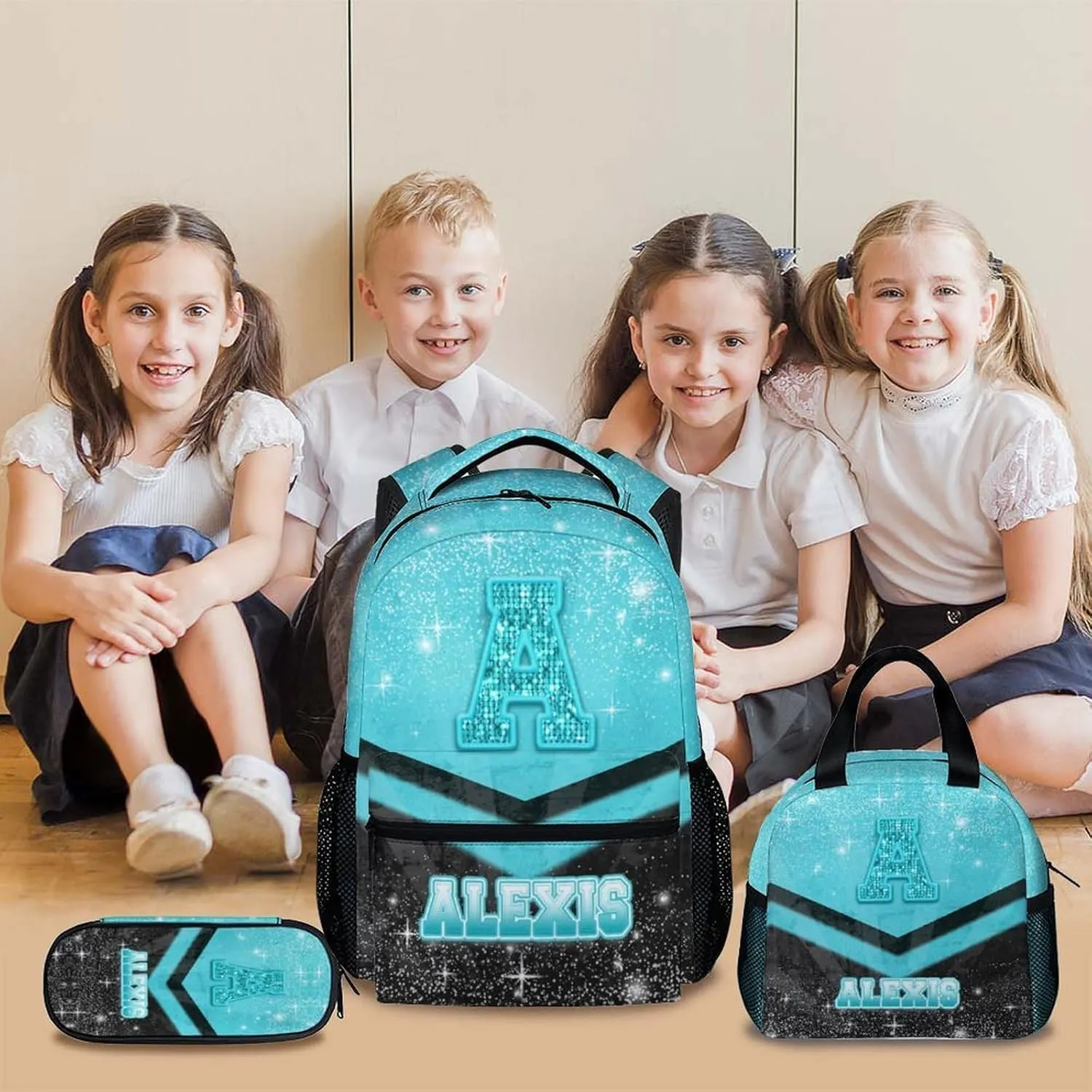 Personalized School Backpack Set for Boys Girls 3-10, Cusotm Cheer Glitter Initial Name Backpack for Kids Kindergarten, 17 Inch Blue & Black Cheerleader Monogram Bookbag for School Travel Hiking