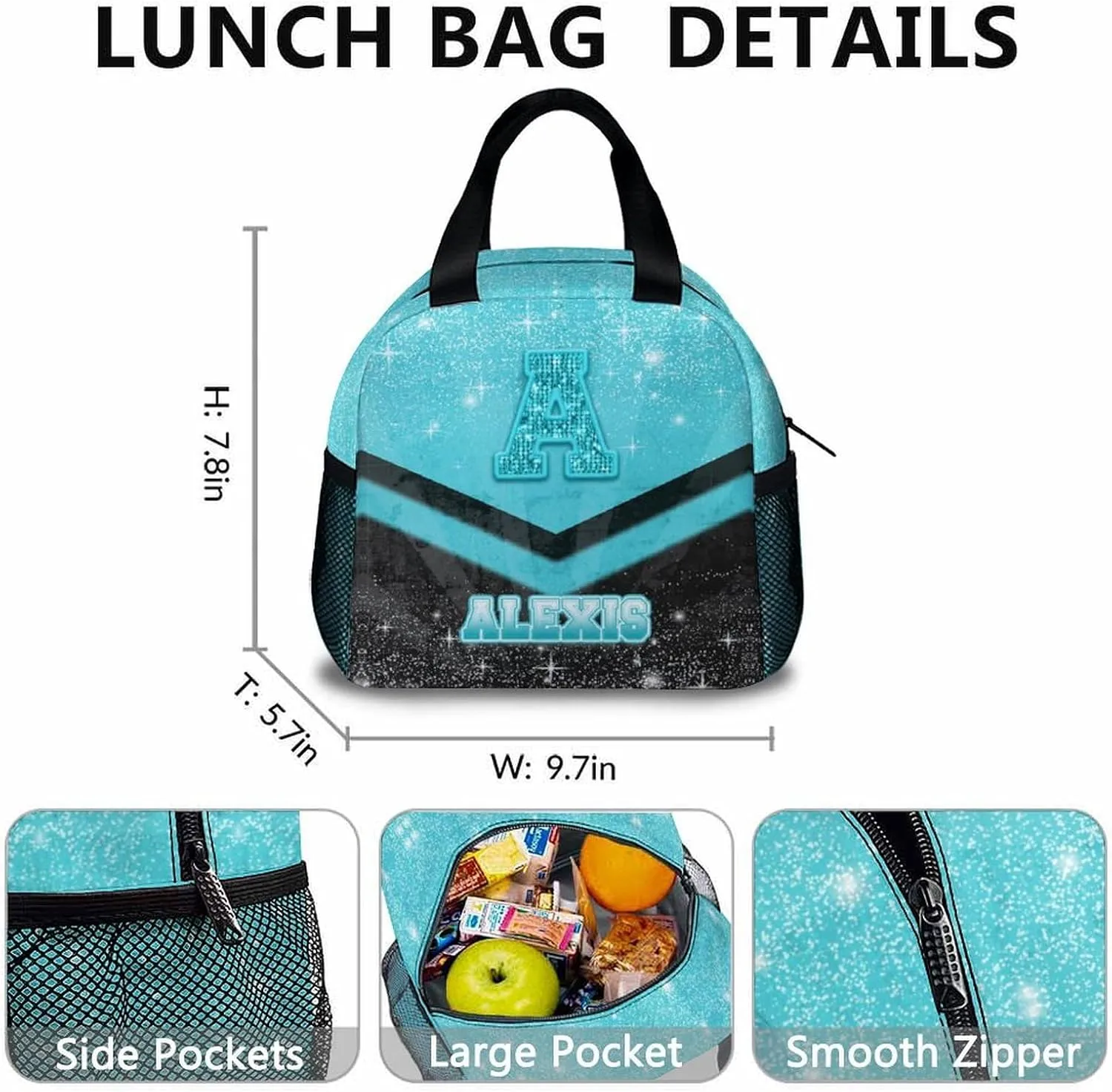 Personalized School Backpack Set for Boys Girls 3-10, Cusotm Cheer Glitter Initial Name Backpack for Kids Kindergarten, 17 Inch Blue & Black Cheerleader Monogram Bookbag for School Travel Hiking