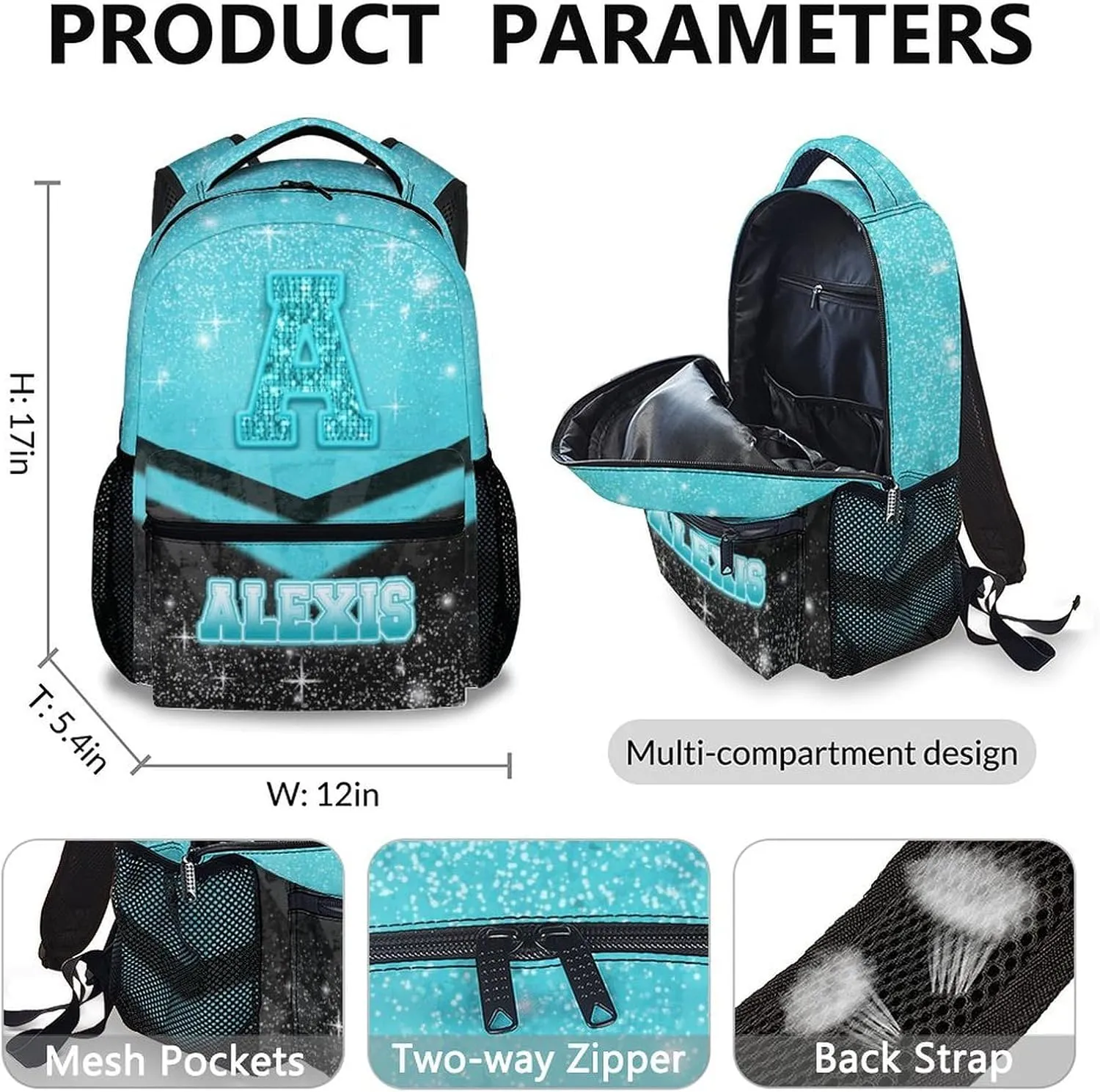Personalized School Backpack Set for Boys Girls 3-10, Cusotm Cheer Glitter Initial Name Backpack for Kids Kindergarten, 17 Inch Blue & Black Cheerleader Monogram Bookbag for School Travel Hiking