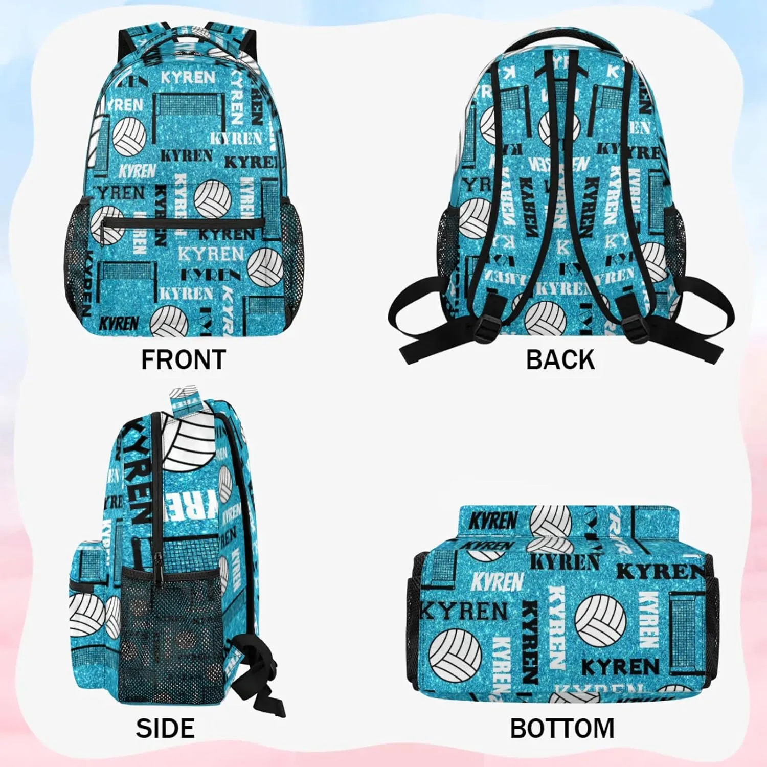 Personalized Volleyball Backpack for Men Women, Custom Name Laptop Backpack, Customized Sports Bag Daypack for Travel Camping, Blue Glitter
