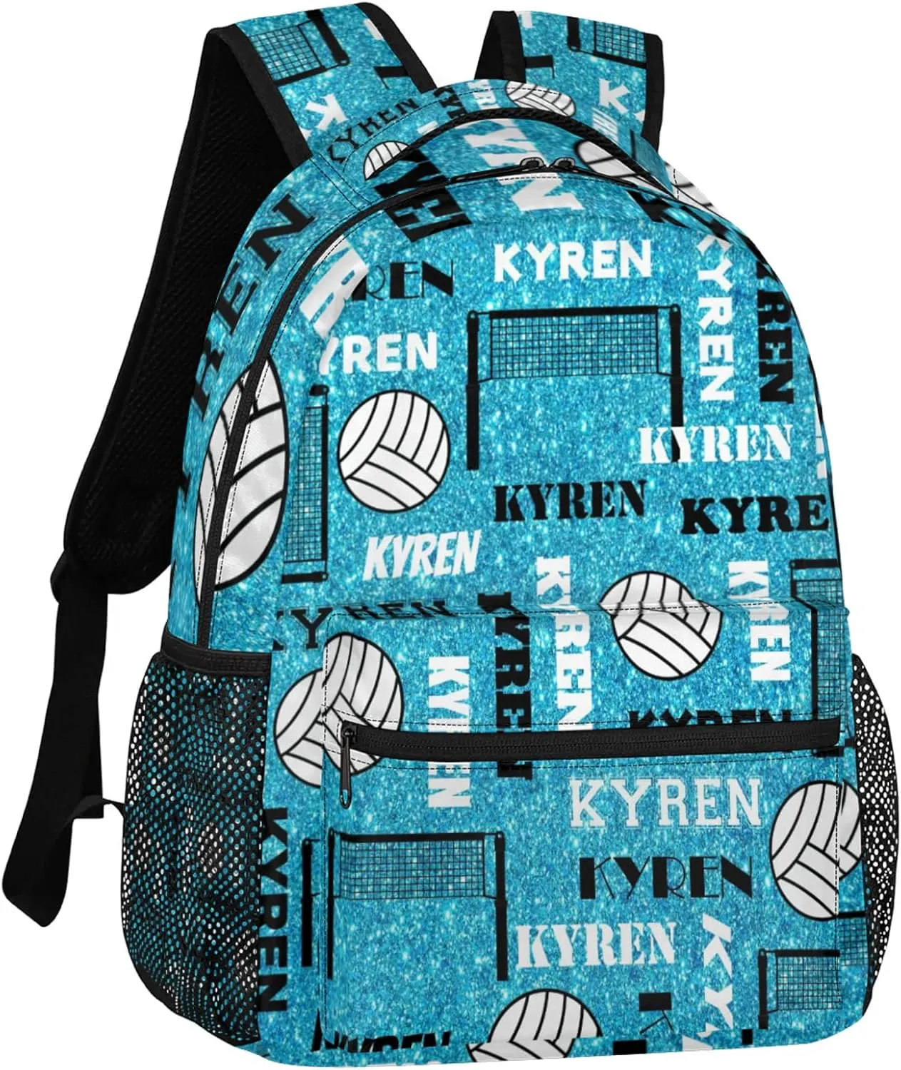 Personalized Volleyball Backpack for Men Women, Custom Name Laptop Backpack, Customized Sports Bag Daypack for Travel Camping, Blue Glitter