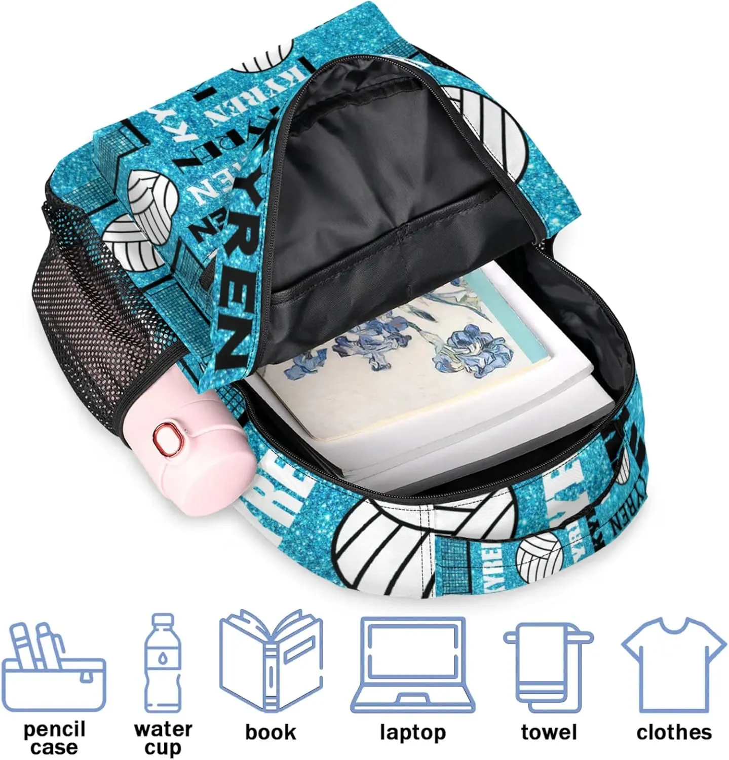 Personalized Volleyball Backpack for Men Women, Custom Name Laptop Backpack, Customized Sports Bag Daypack for Travel Camping, Blue Glitter