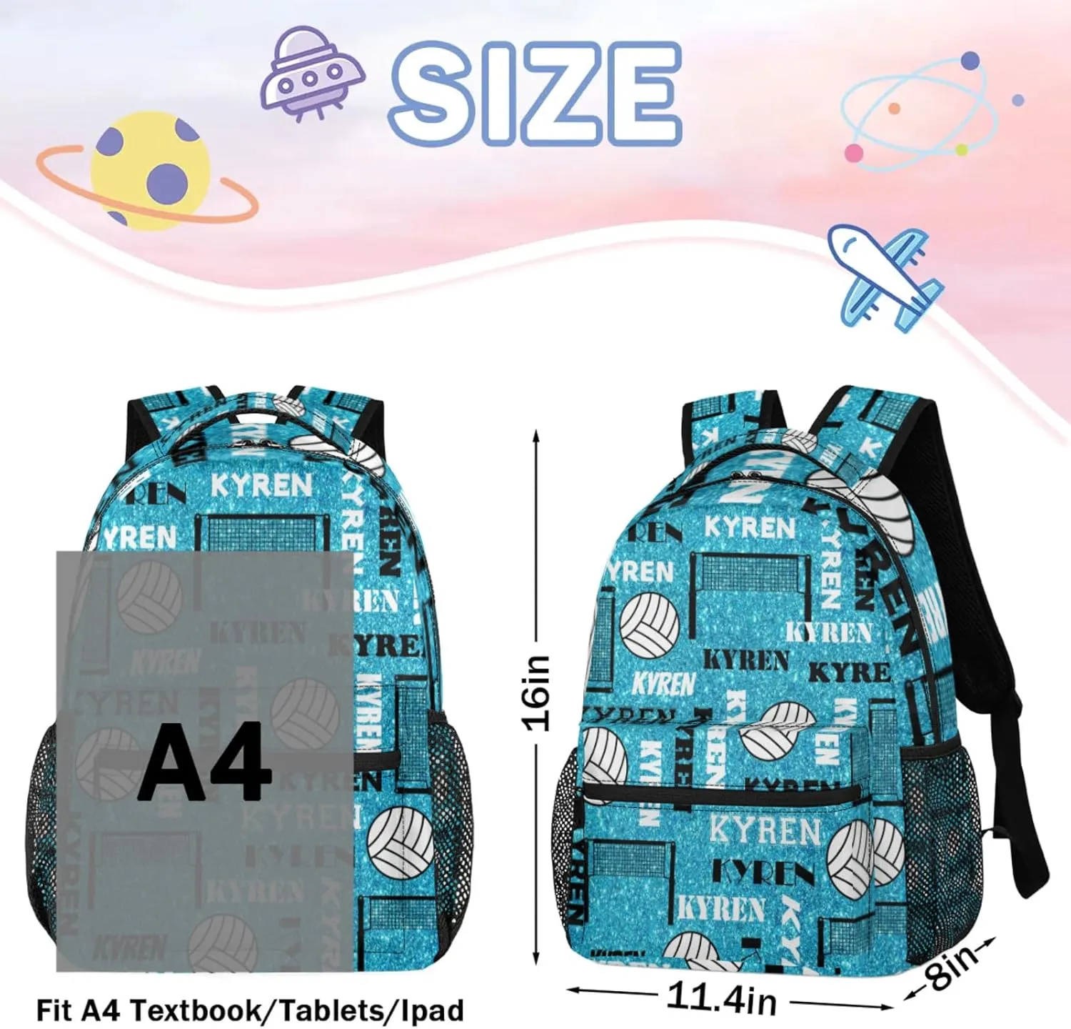Personalized Volleyball Backpack for Men Women, Custom Name Laptop Backpack, Customized Sports Bag Daypack for Travel Camping, Blue Glitter