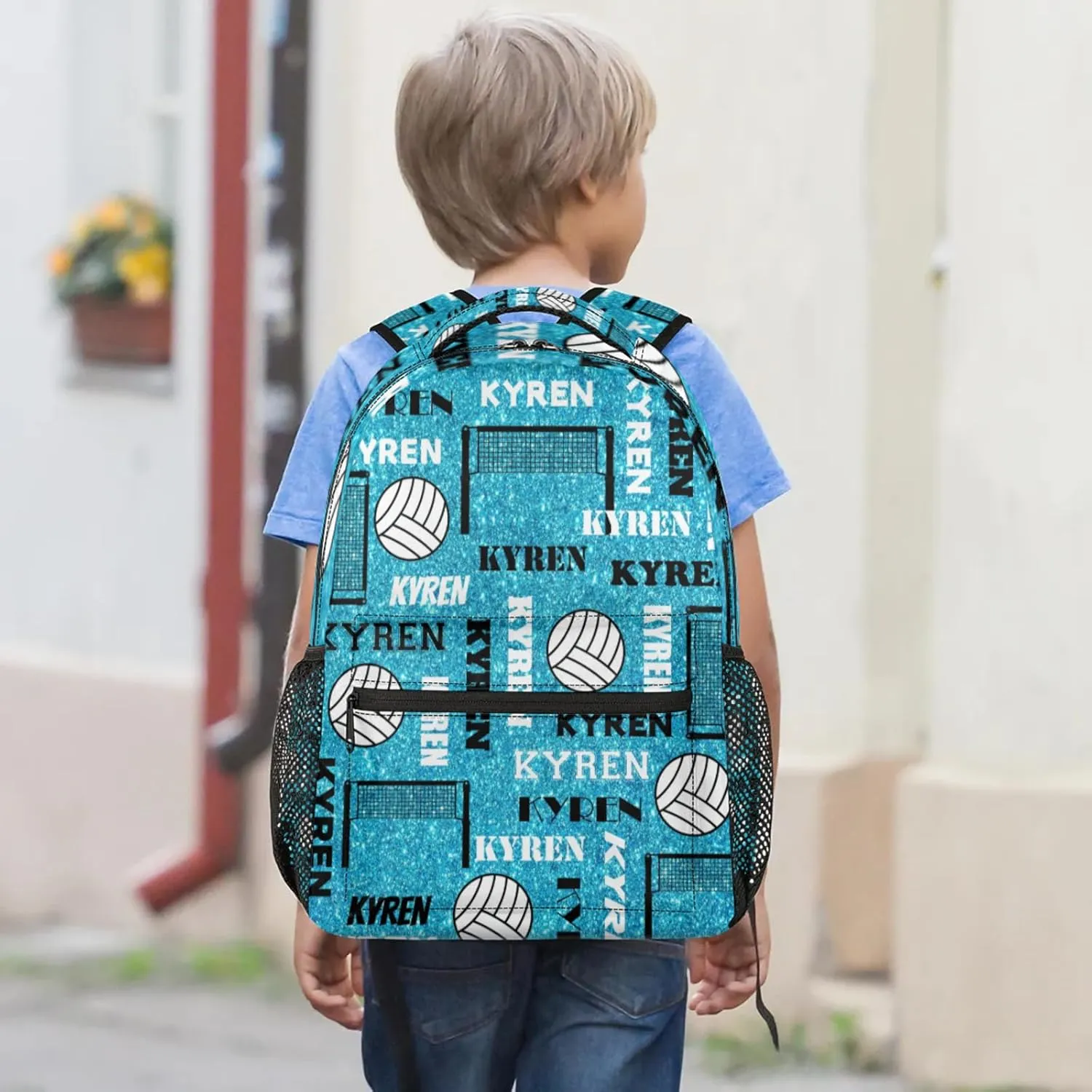 Personalized Volleyball Backpack for Men Women, Custom Name Laptop Backpack, Customized Sports Bag Daypack for Travel Camping, Blue Glitter