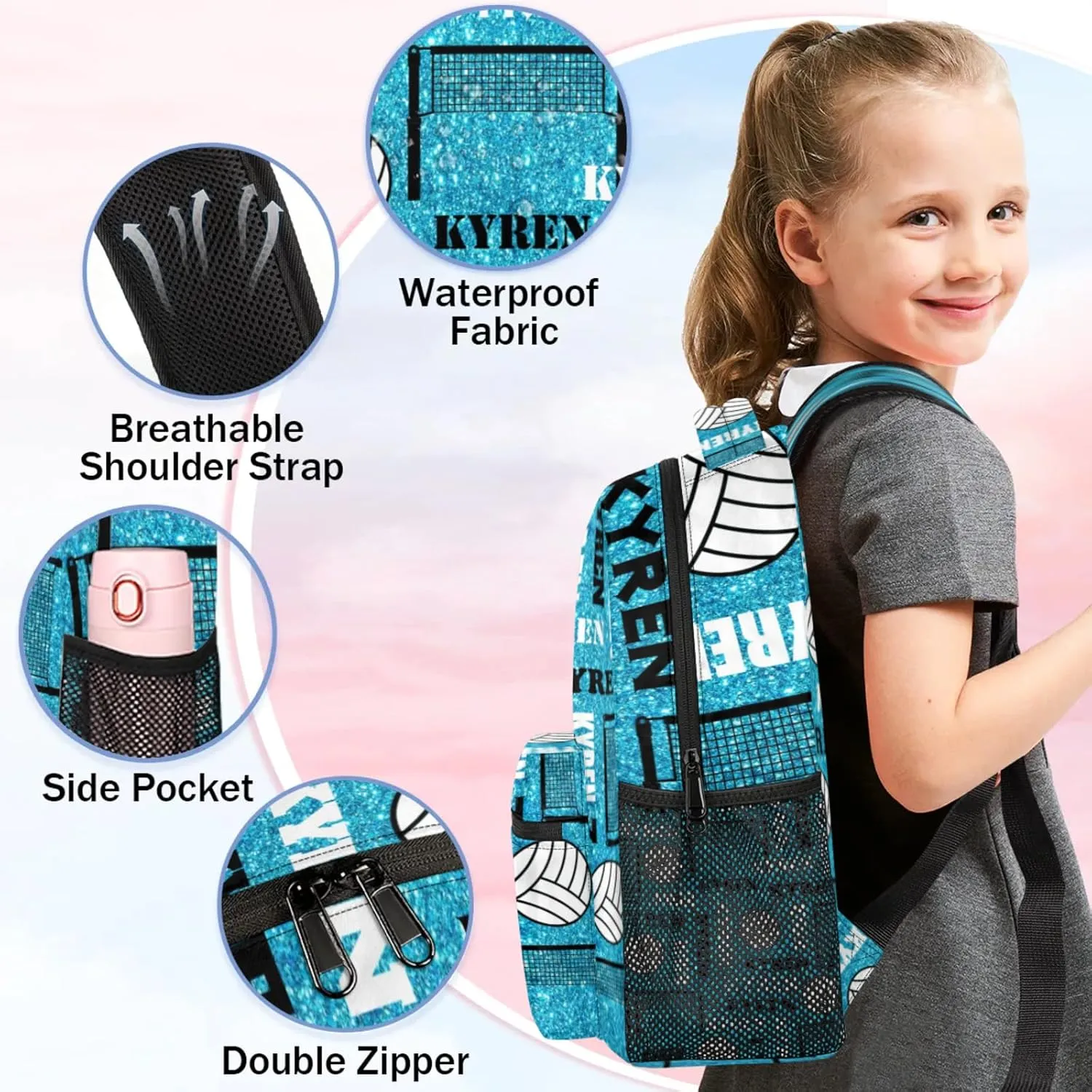 Personalized Volleyball Backpack for Men Women, Custom Name Laptop Backpack, Customized Sports Bag Daypack for Travel Camping, Blue Glitter