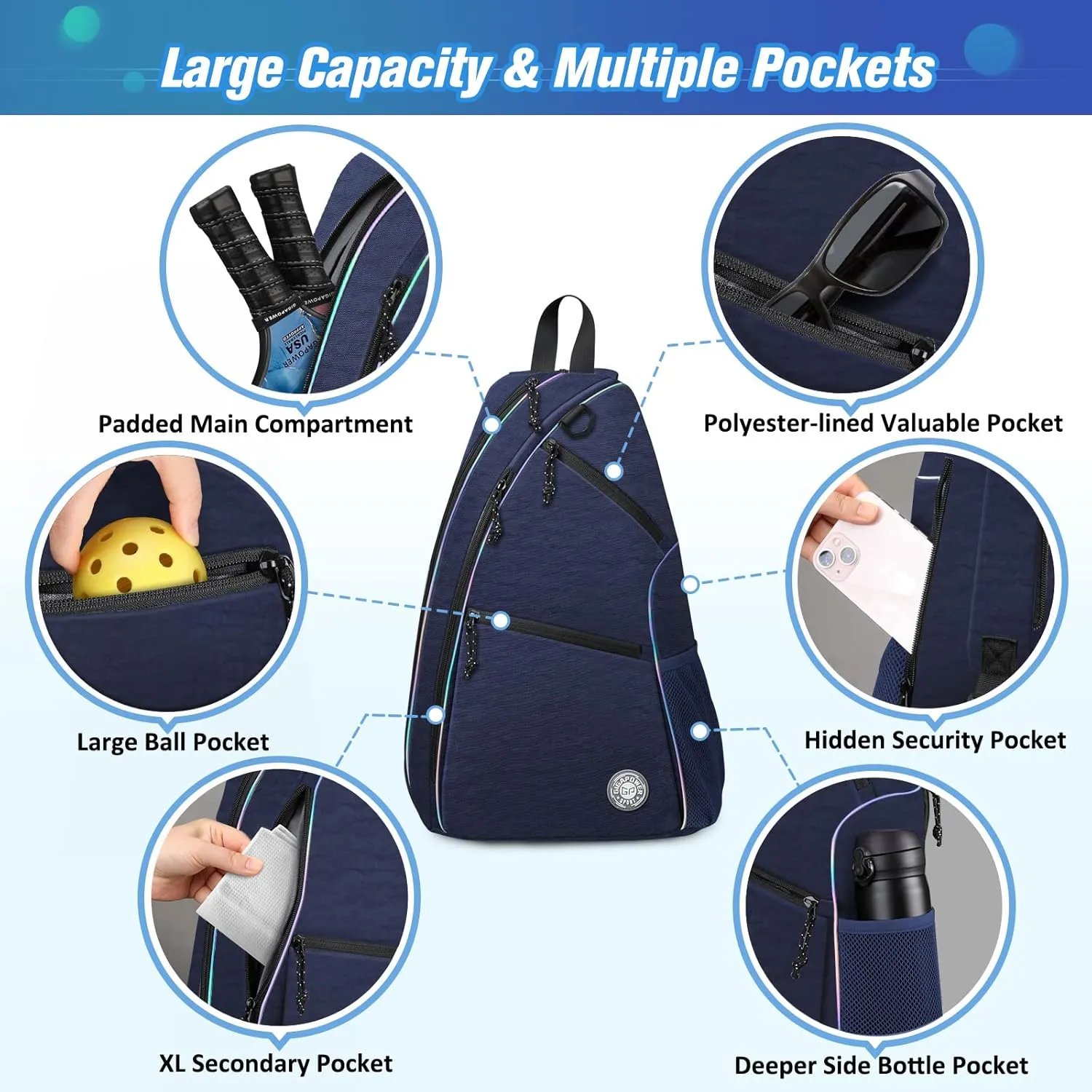 Pickleball Bag | Men's and Women's Pickleball Backpack | Adjustable Sling Bag | Reversible Crossbody Sports Backpack with Colorful Light Reflective