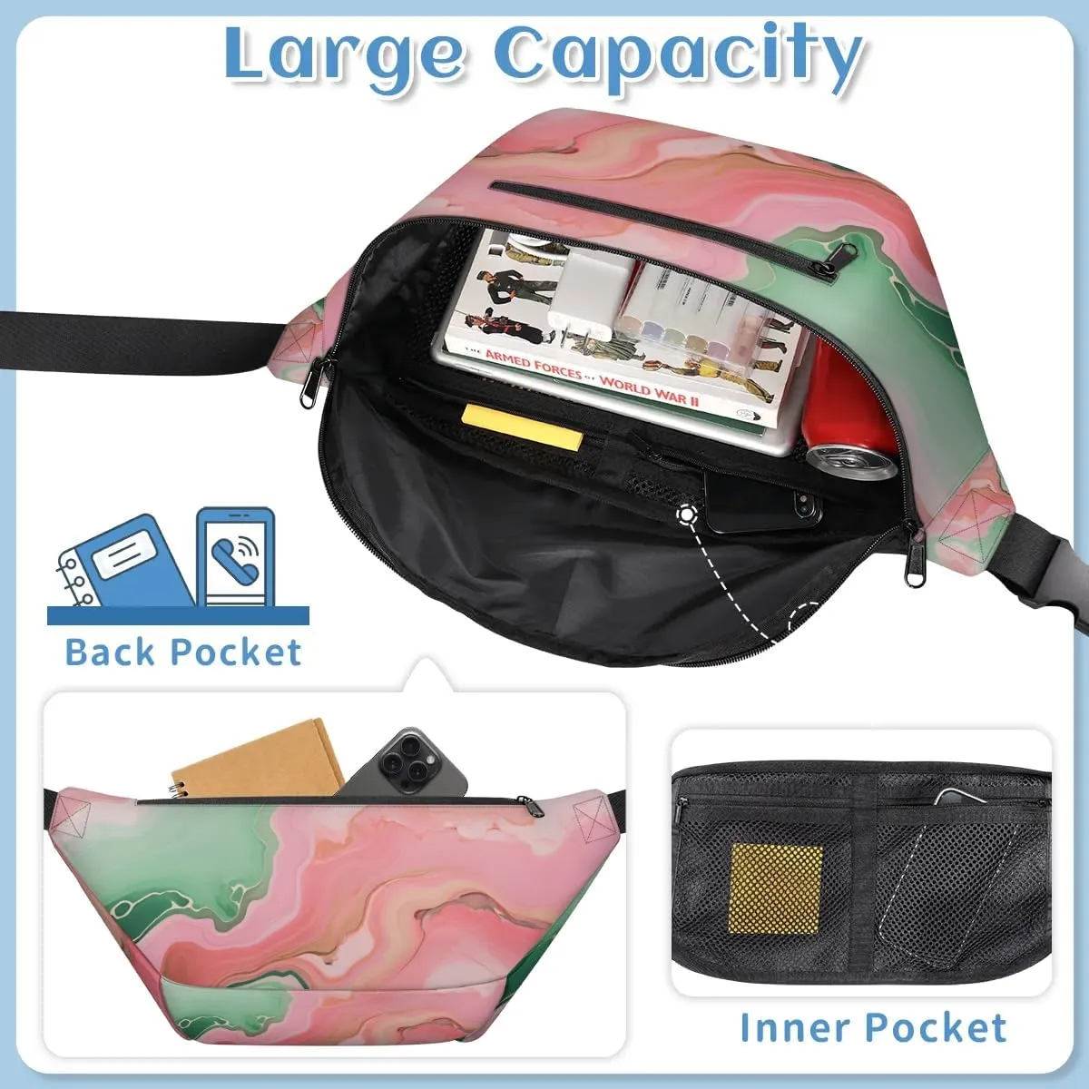 Pink Marble Sling Bag Crossbody Backpack Chest Daypack for Women Sport Travel Hiking Casual Bag Multipurpose Waist Pack With Zipper Closure Adjustable Strap Shoulder Bag