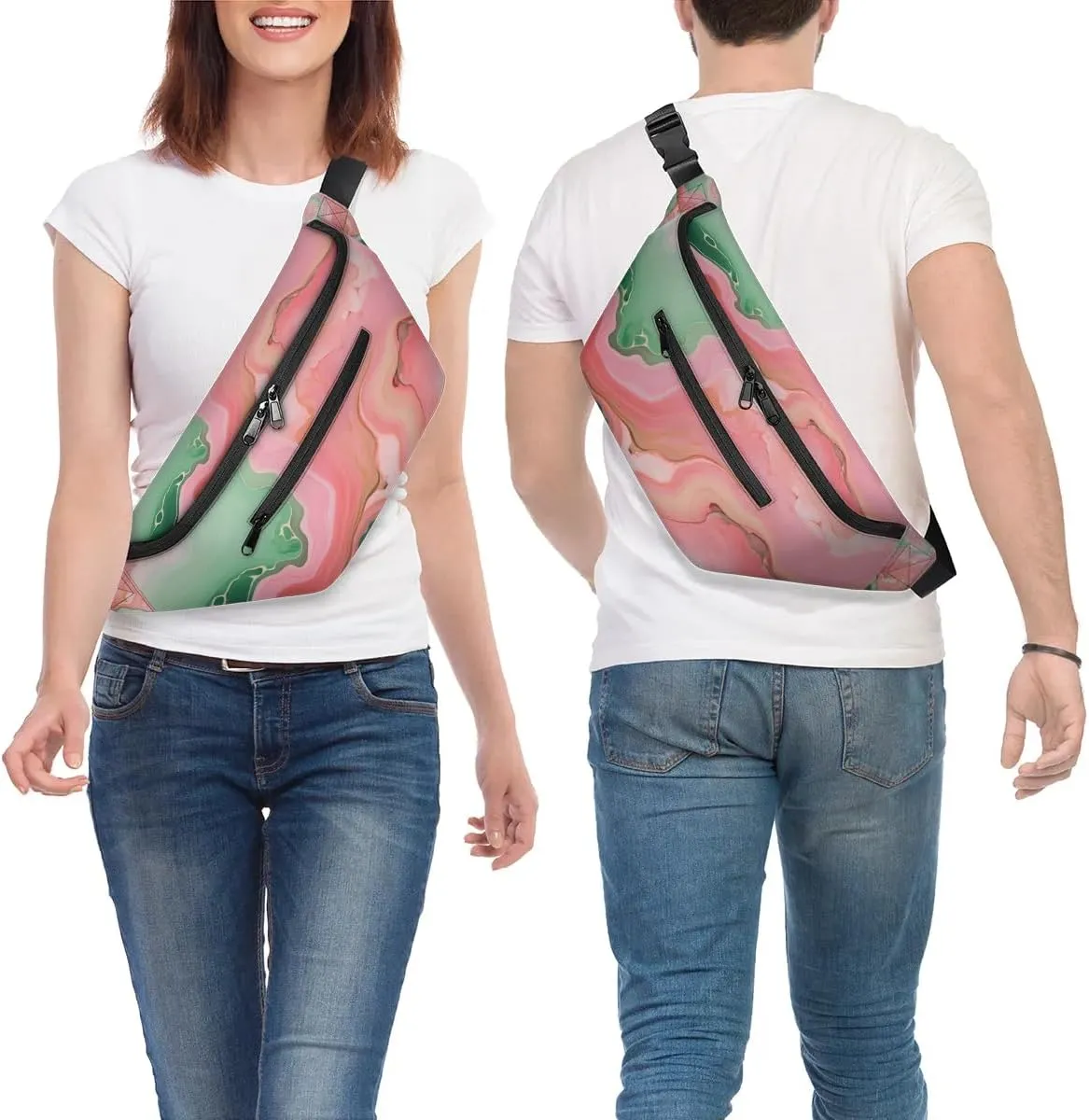 Pink Marble Sling Bag Crossbody Backpack Chest Daypack for Women Sport Travel Hiking Casual Bag Multipurpose Waist Pack With Zipper Closure Adjustable Strap Shoulder Bag