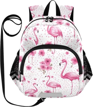 Pink Preschool Backpack Flamingo Flower Daycare Bookbag School Backpack with Traction Rope for Kids 3-6