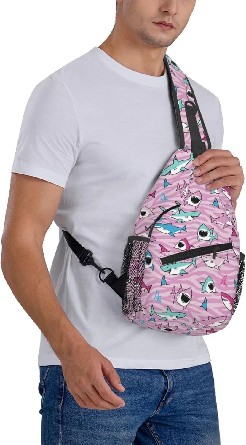 Pink Shark Fish Sling Backpack Crossbody Bag, Chest Bag Daypack for Outdoors Hiking Traveling