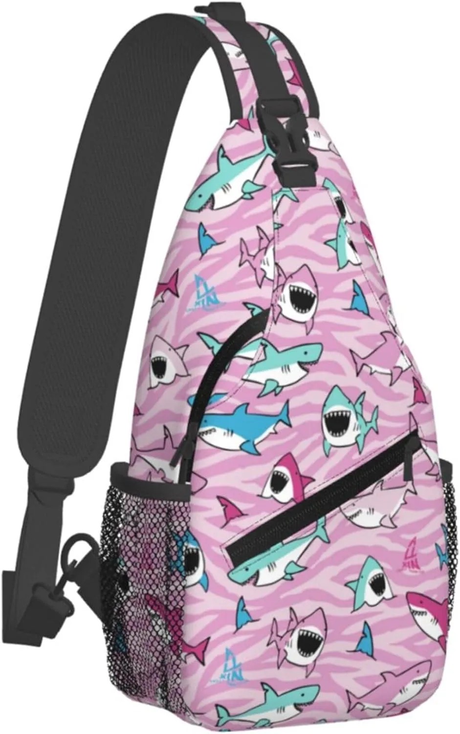 Pink Shark Fish Sling Backpack Crossbody Bag, Chest Bag Daypack for Outdoors Hiking Traveling