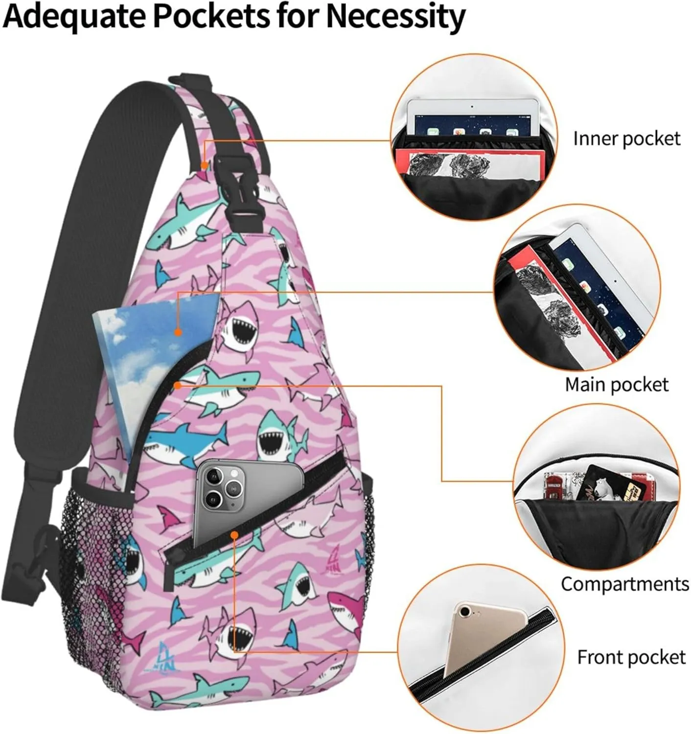 Pink Shark Fish Sling Backpack Crossbody Bag, Chest Bag Daypack for Outdoors Hiking Traveling