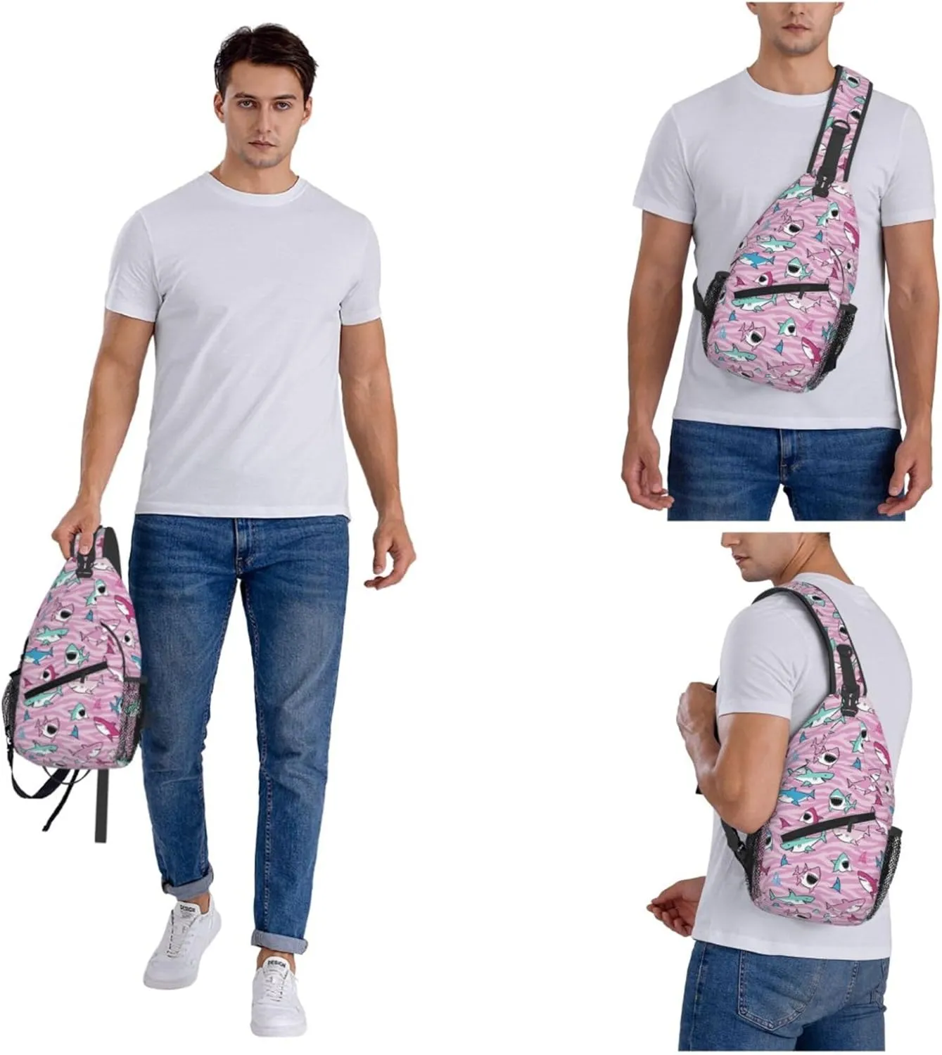 Pink Shark Fish Sling Backpack Crossbody Bag, Chest Bag Daypack for Outdoors Hiking Traveling