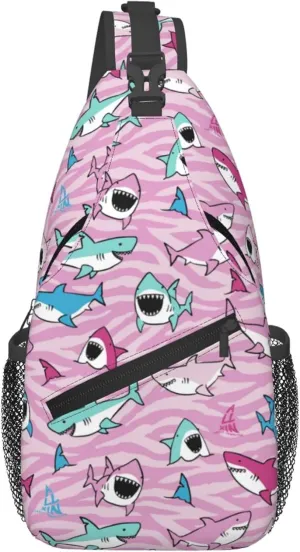 Pink Shark Fish Sling Backpack Crossbody Bag, Chest Bag Daypack for Outdoors Hiking Traveling