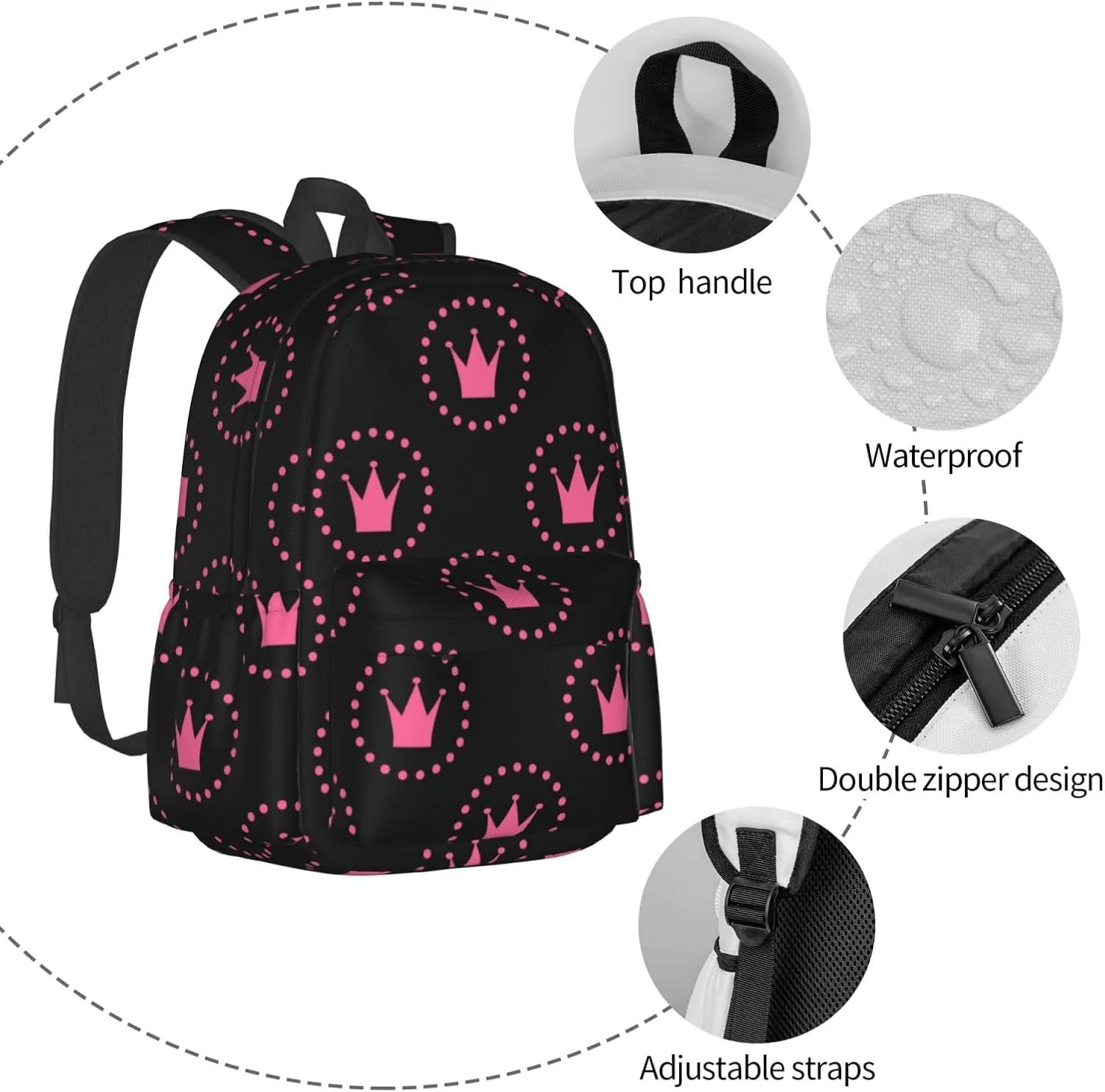 Pinks Princess Crown Backpacks 15 Inch Laptop Backpack Multipurpose Double Shoulder Bag for Men Women Gifts