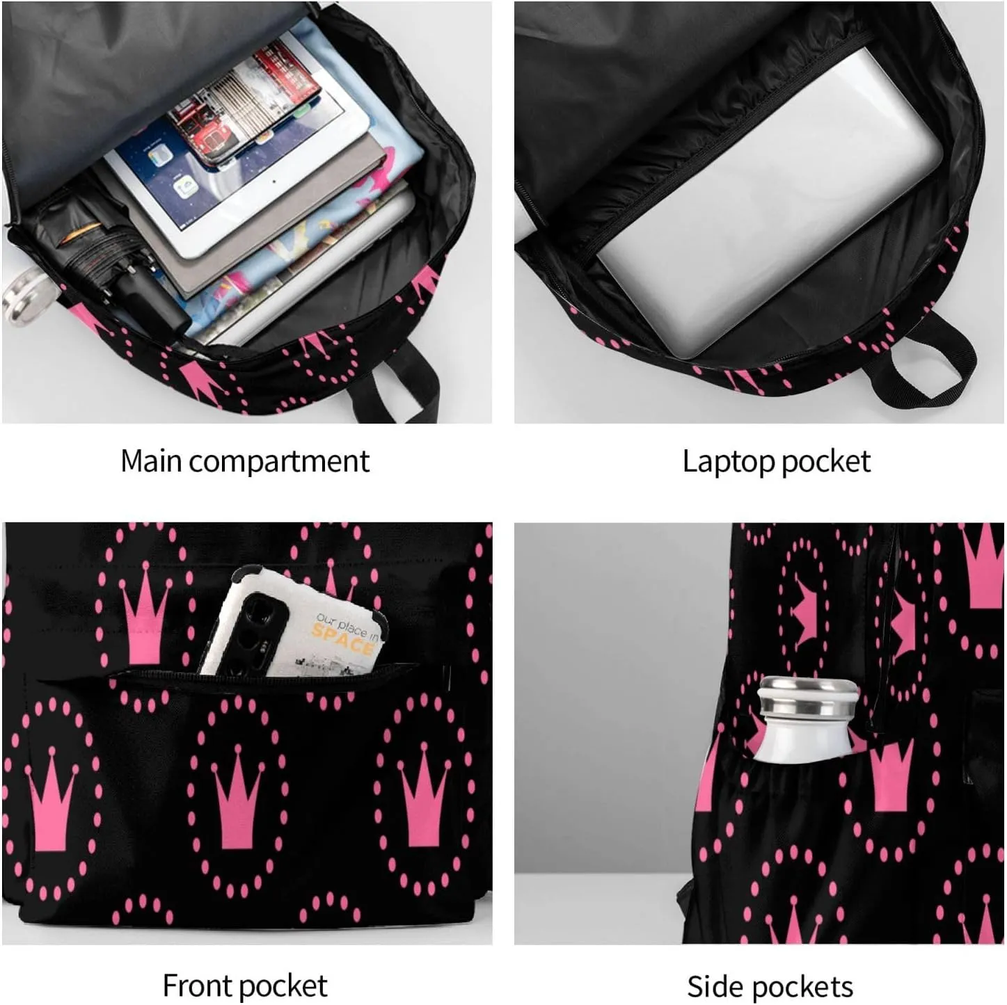 Pinks Princess Crown Backpacks 15 Inch Laptop Backpack Multipurpose Double Shoulder Bag for Men Women Gifts