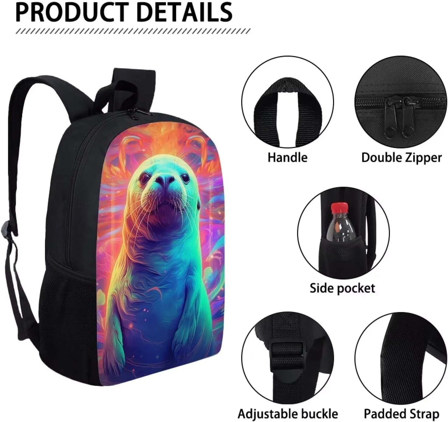 PinUp Angel Aqua Seal Backpack For School Bag Kids Cool Magical Animal Bag For Children Boys and Girls Bookbag