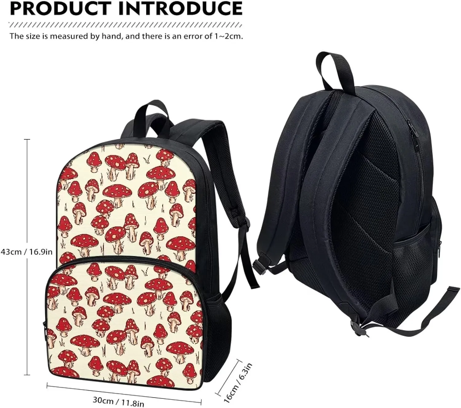 PinUp Angel Beige Red Mushroom Print Cute School Backpack for Boys Girls Teens Kids' School Bookbags Casual Travel Laptop School Bag