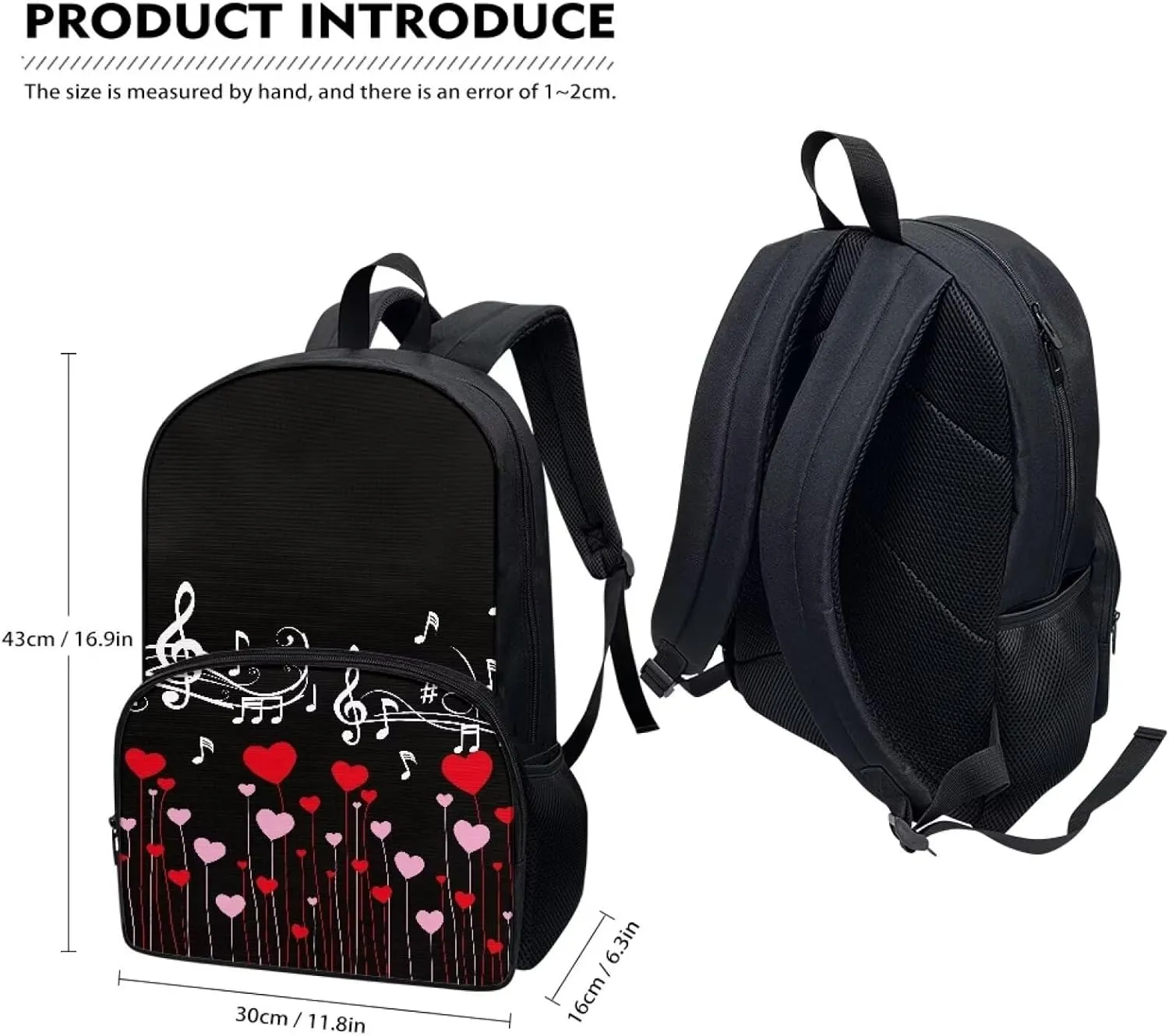 PinUp Angel Black Red Heart White Musical Print Cute School Backpack for Boys Girls Teens Kids' School Bookbags Casual Travel Laptop School Bag